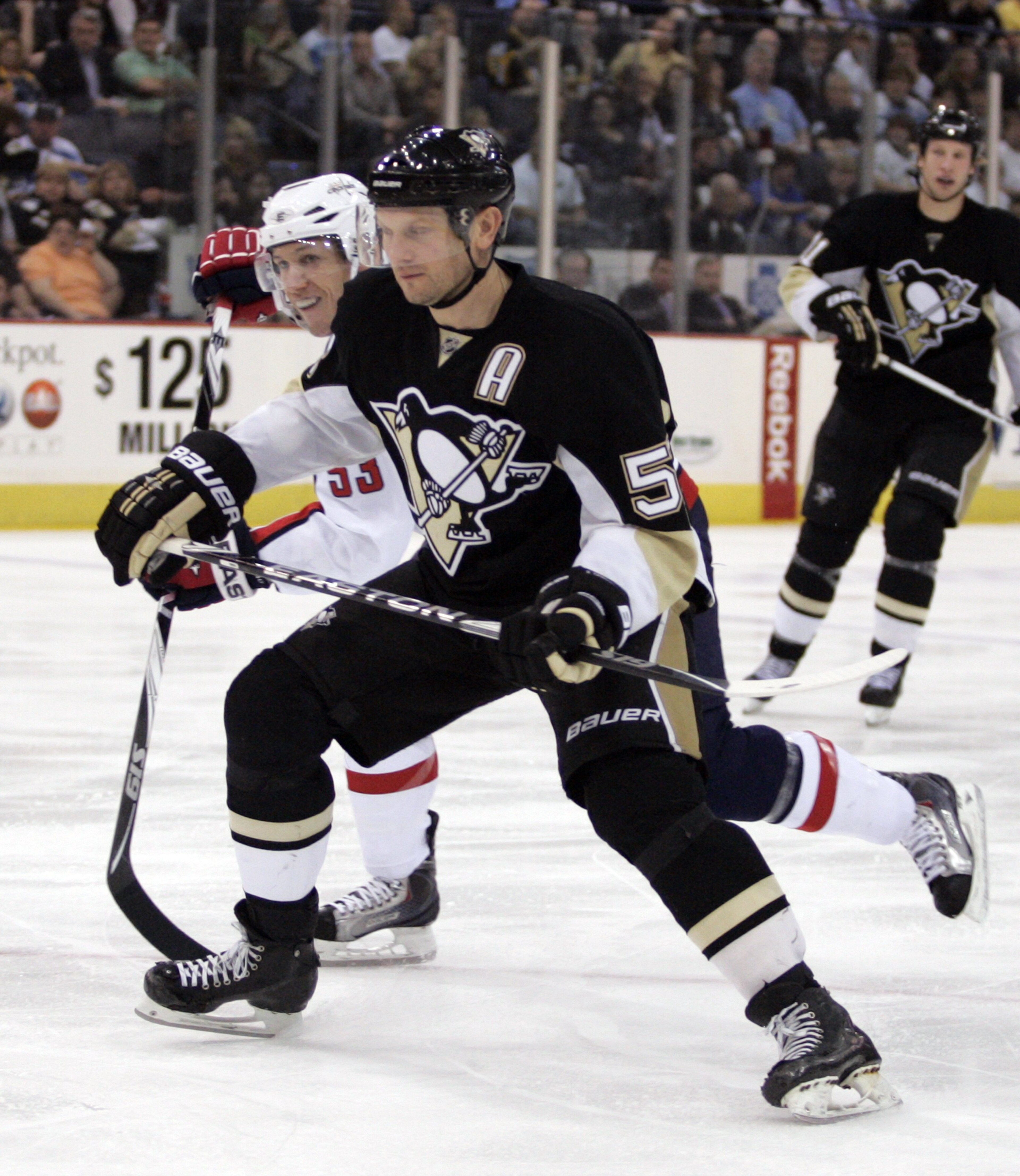 PITTSBURGH, PA - APRIL 6: Sergei Gonchar #55 of the Pittsburgh Penguins skates against the Washington Capitals at Mellon Arena on April 6, 2010 in Pittsburgh, Pennsylvania. The Capitals defeated the Penguins 6-3. (Photo by Justin K. Aller/Getty Images) PITTSBURGH, PA - APRIL 6: Sergei Gonchar #55 of the Pittsburgh Penguins skates against the Washington Capitals at Mellon Arena on April 6, 2010 in Pittsburgh, Pennsylvania. The Capitals defeated the Penguins 6-3. (Photo by Justin K. Aller/Getty Images)