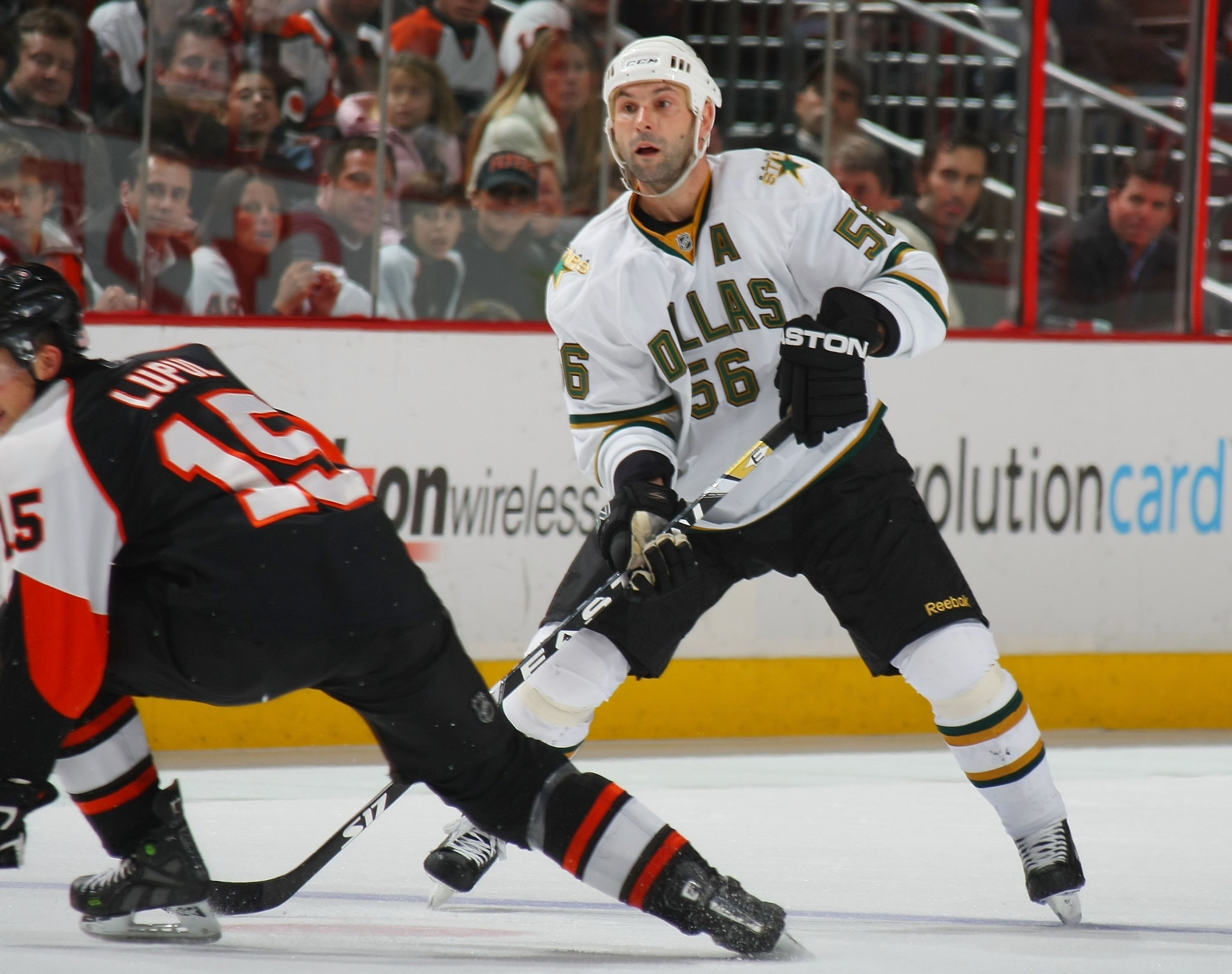 PHILADELPHIA - NOVEMBER 24:  Sergei Zubov #56 of the Dallas Stars skates against the Phildelphia Flyers on November 24, 2008 at the Wachovia Center in Philadelphia, Pennsylvania.  (Photo by Bruce Bennett/Getty Images)