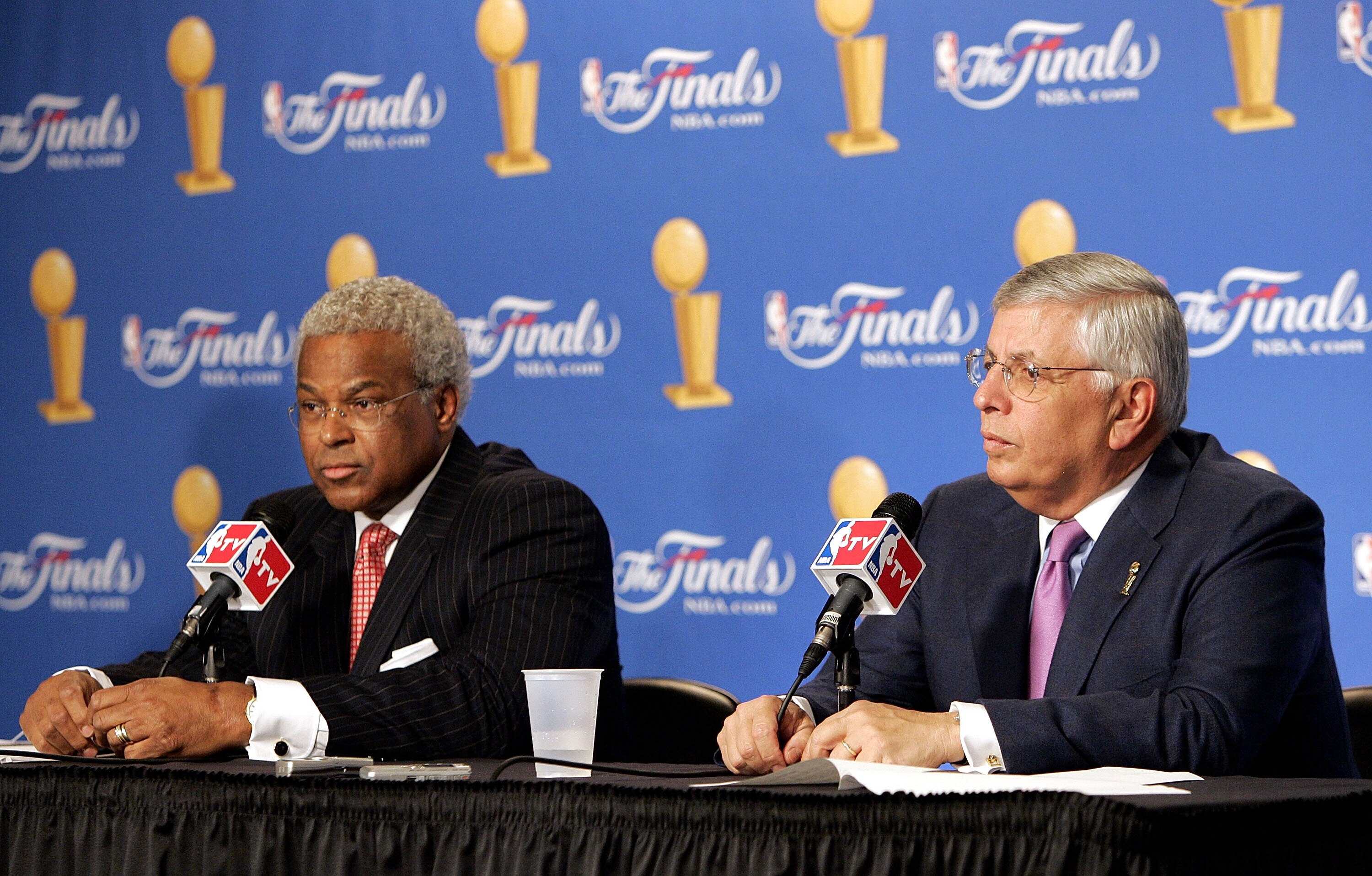 SAN ANTONIO - JUNE 21:  (L-R) Billy Hunter, President of the NBA Players Association and NBA commissioner David Stern speak at a press conference announcing that the NBA and the NBA Players Association have agreed in principal on a new 6-year Collective B