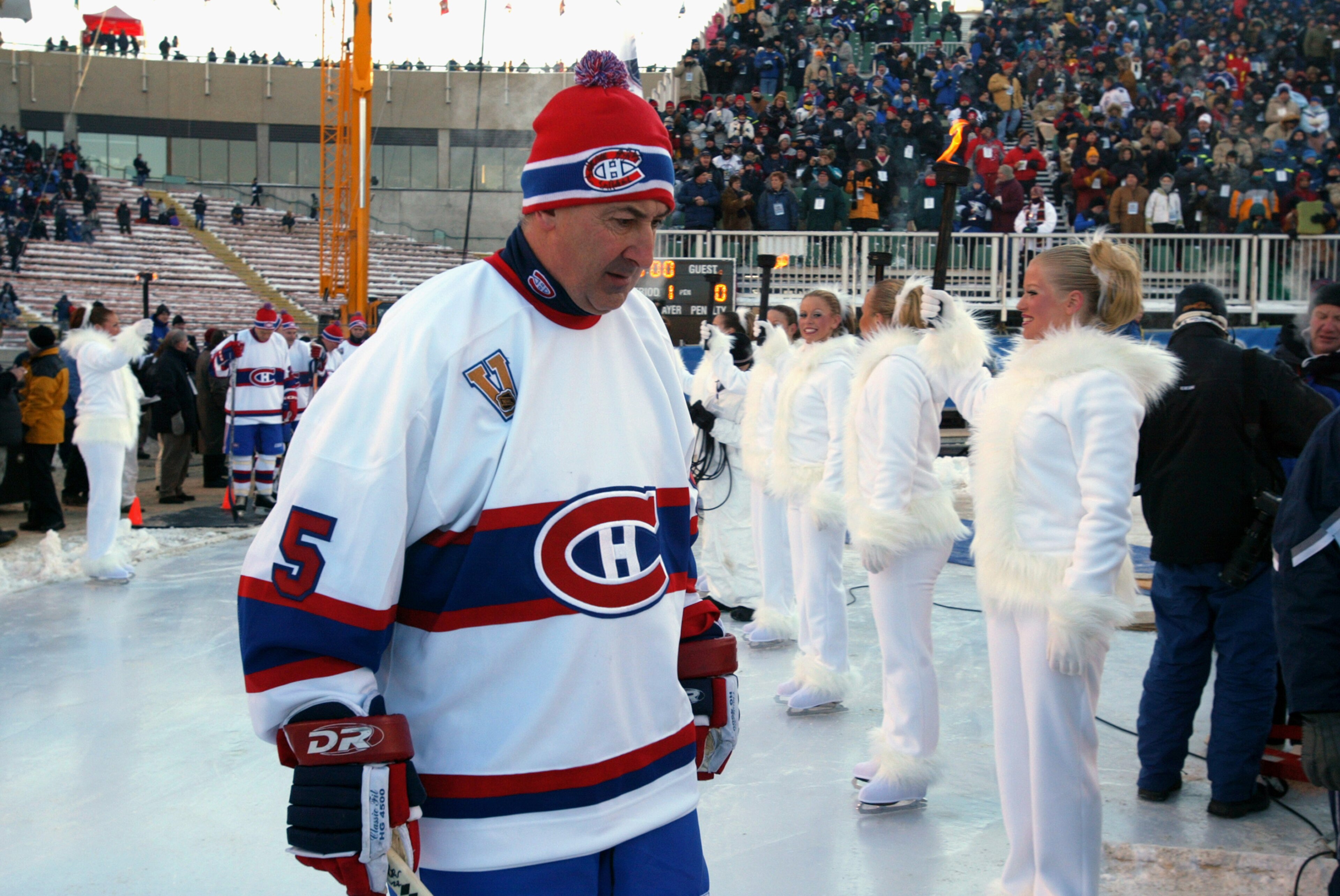 EDMONTON, CANADA - NOVEMBER 22: Guy Lapointe #5 of the Montreal Canadiens skates onto the ice prior to taking on the Edmonton Oilers during the Molson Canadien Heritage Classic Megastars Game on November 22, 2003 at Commonwealth Stadium in Edmonton, Cana EDMONTON, CANADA - NOVEMBER 22: Guy Lapointe #5 of the Montreal Canadiens skates onto the ice prior to taking on the Edmonton Oilers during the Molson Canadien Heritage Classic Megastars Game on November 22, 2003 at Commonwealth Stadium in Edmonton, Cana