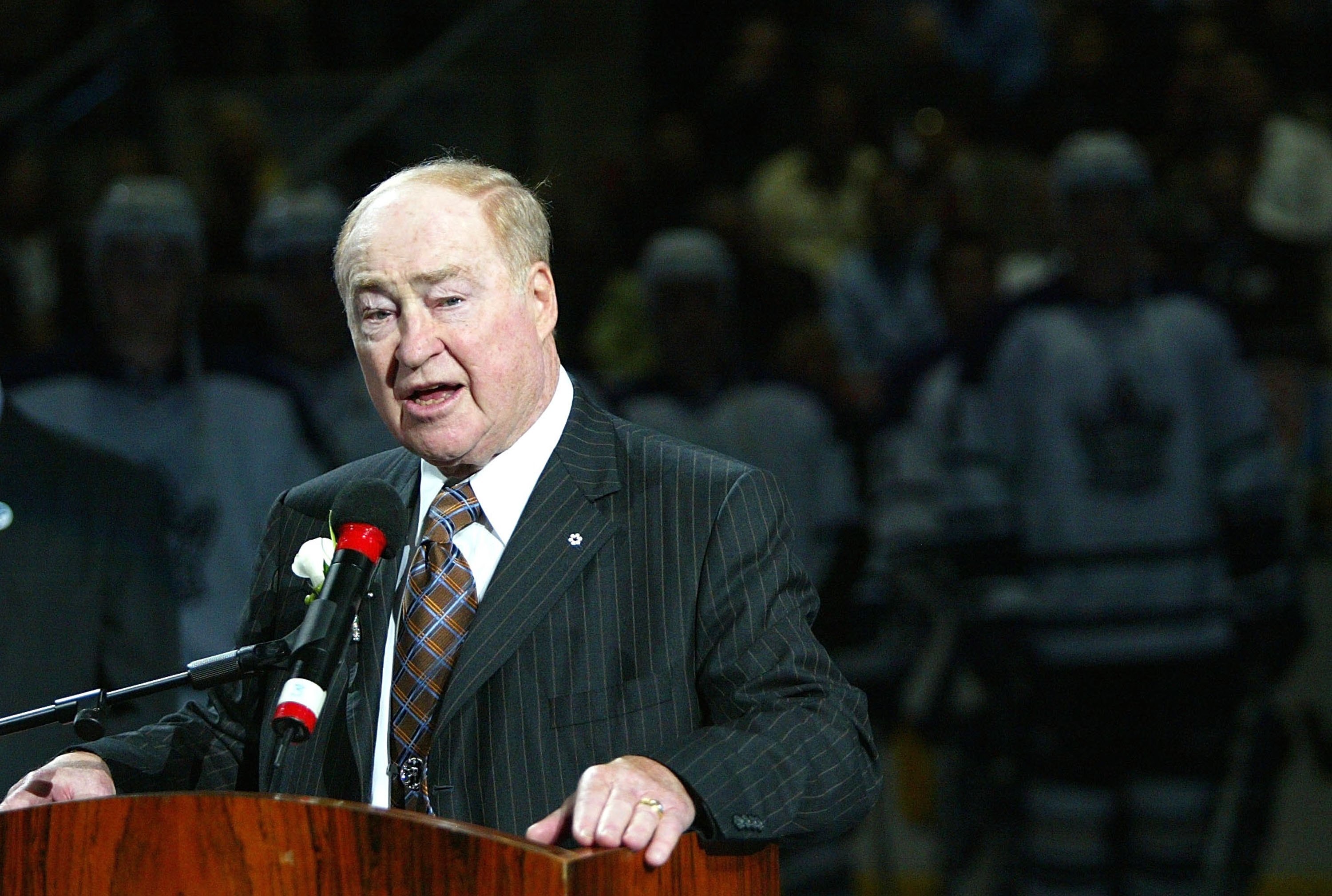 TORONTO - OCTOBER 4:  Leonard 'Red' Kelly addresses the crowd while he is honored prior to the Ottawa Senators playing the Toronto Maple Leafs on October 4, 2006 at the Air Canada Centre in Toronto, Ontario, Canada. The Senators defeated the Maple Leafs 4