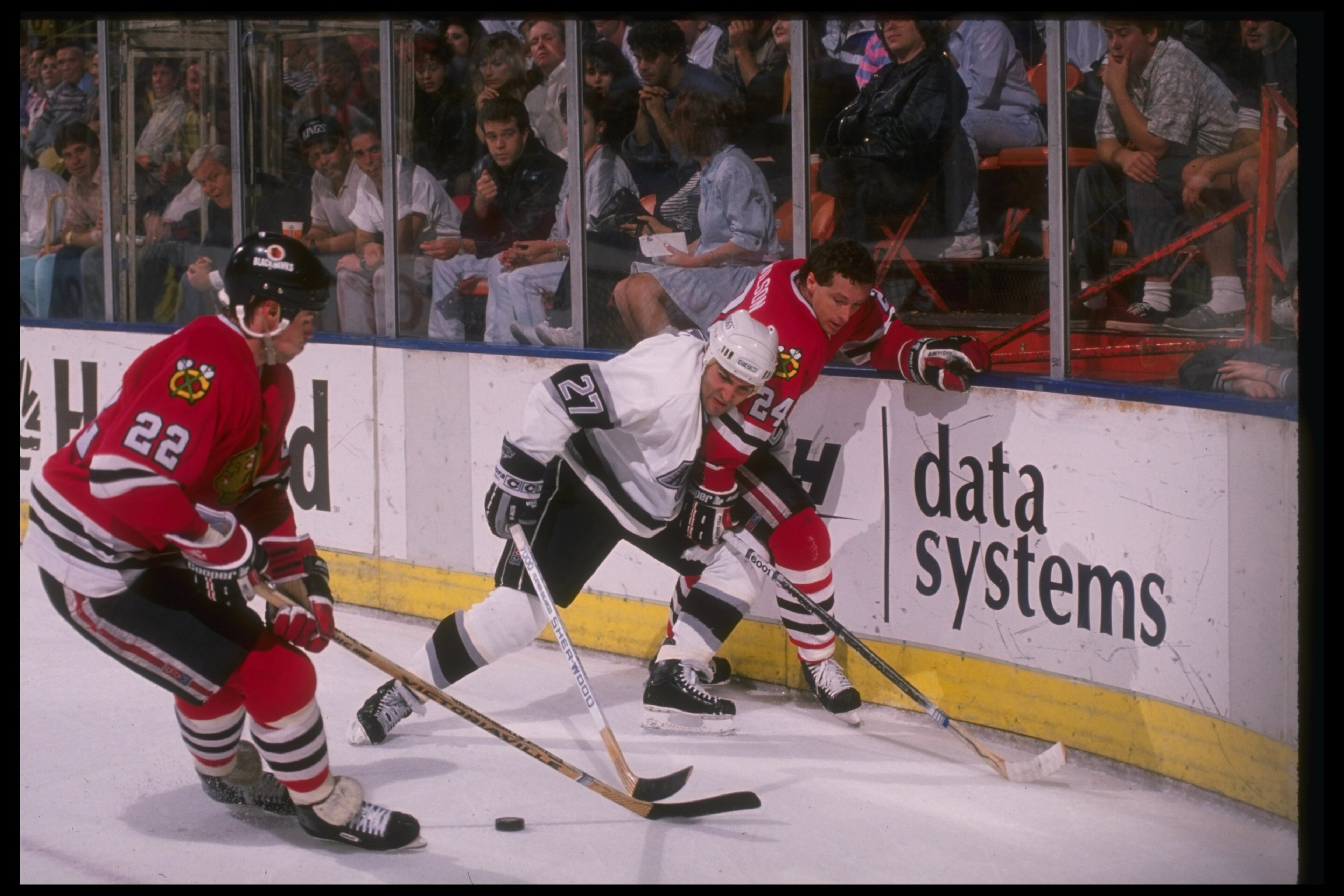 1989-1990: Defenseman Doug Wilson of the Chicago Blackhawks (right). Mandatory Credit: Mike Powell /Allsport 1989-1990: Defenseman Doug Wilson of the Chicago Blackhawks (right). Mandatory Credit: Mike Powell /Allsport