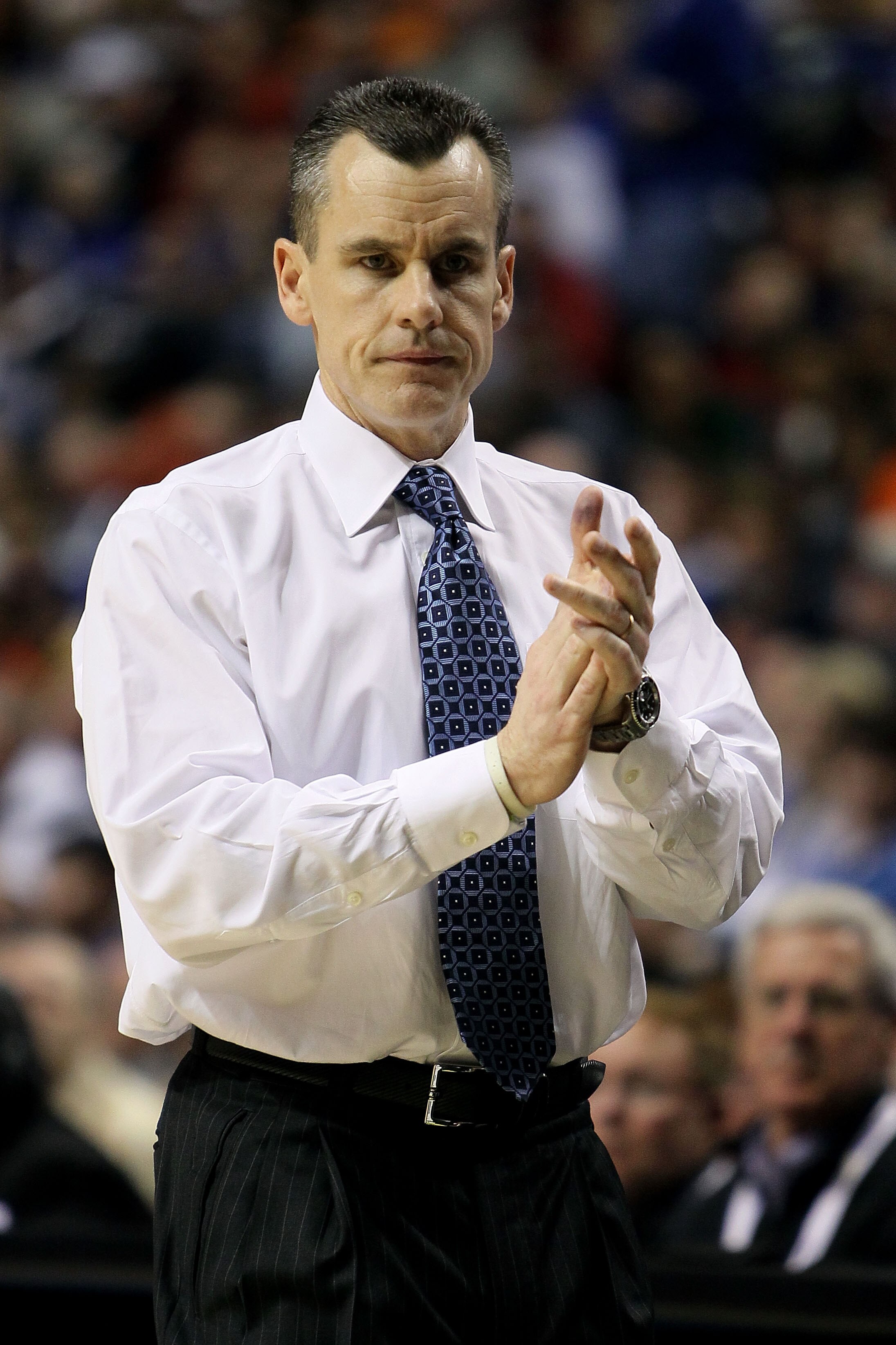 NASHVILLE, TN - MARCH 11:  Head coach Billy Donovan of the Florida Gators coaches against the Auburn Tigers during the first round of the SEC Men's Basketball Tournament at the Bridgestone Arena on March 11, 2010 in Nashville, Tennessee.  (Photo by Andy L