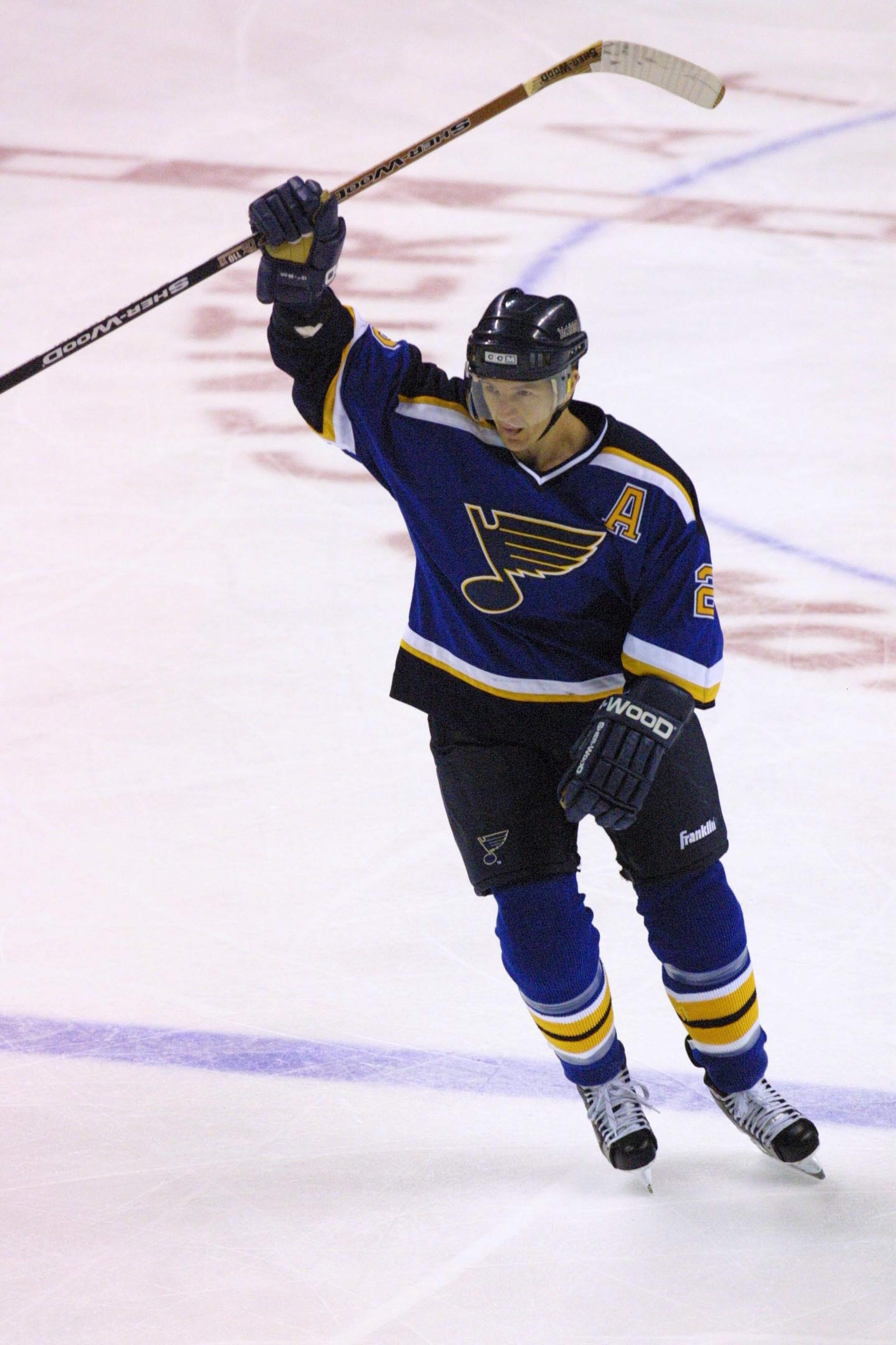 16 Apr 2001: Al MacInnis #2 of the the St. Louis Blues celebrates a goal against of the San Jose Sharks during game 3 of the Western Conference Playoff Quarterfinals at the Compaq Center in San Jose , California. DIGITAL IMAGE Mandatory Credit: Tom Hauc 16 Apr 2001: Al MacInnis #2 of the the St. Louis Blues celebrates a goal against of the San Jose Sharks during game 3 of the Western Conference Playoff Quarterfinals at the Compaq Center in San Jose , California. DIGITAL IMAGE Mandatory Credit: Tom Hauc