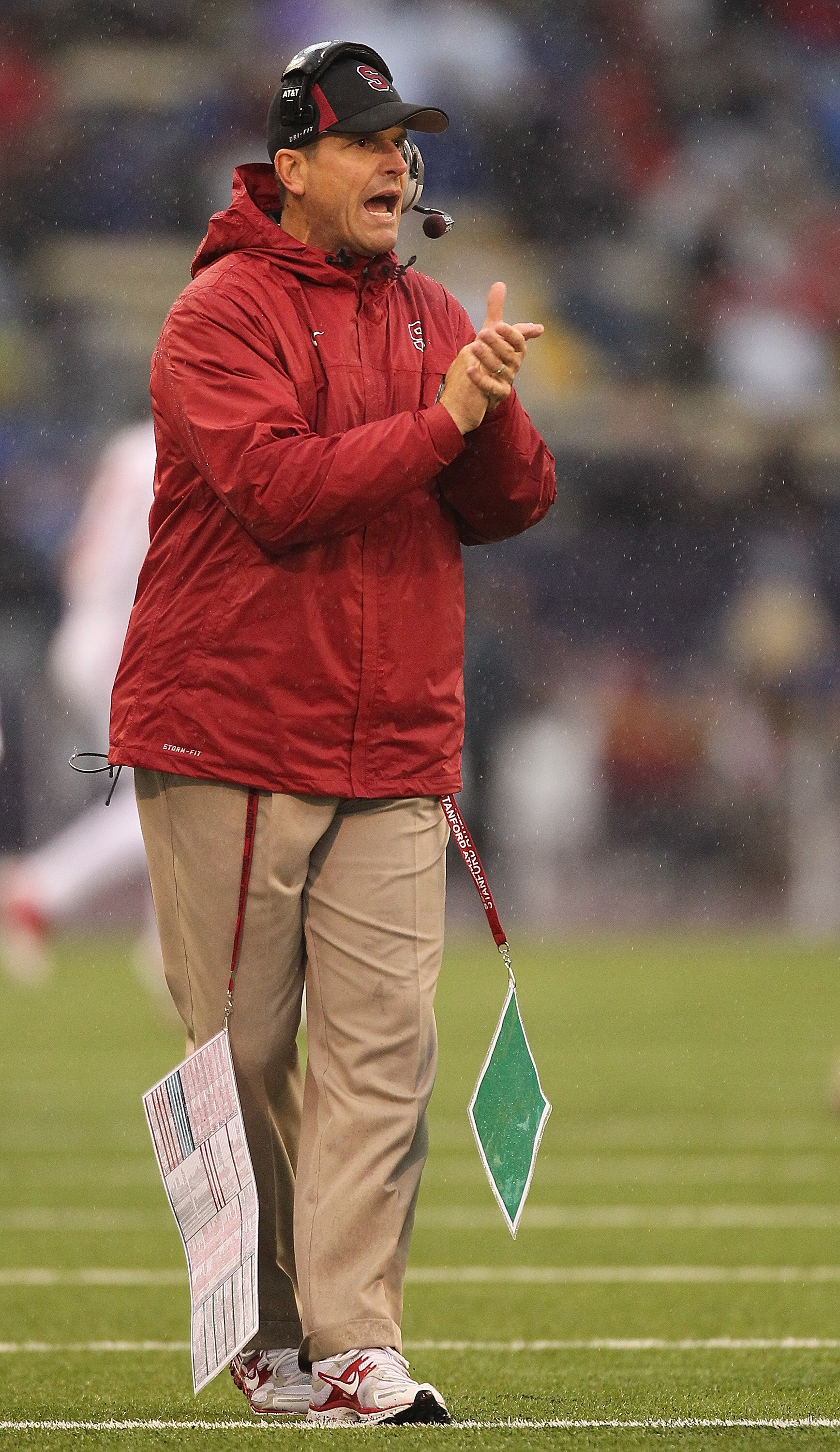 SEATTLE - OCTOBER 30:  Head coach Jim Harbaugh of the Stanford Cardinal reacts after the first touchdown scored against the Washington Huskies on October 30, 2010 at Husky Stadium in Seattle, Washington. Stanford defeated Washington 41-0. (Photo by Otto G