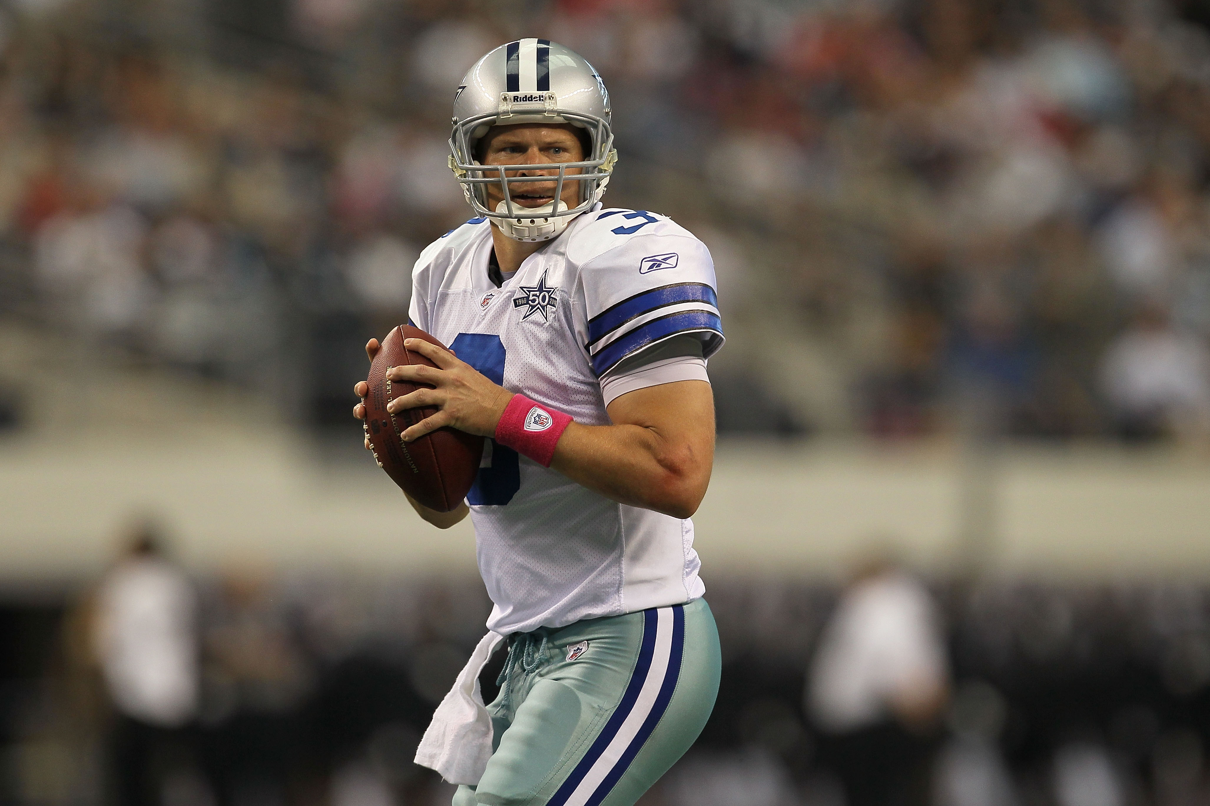 ARLINGTON, TX - OCTOBER 31:  Quarterback Jon Kitna #3 of the Dallas Cowboys looks to throw a pass against the Jacksonville Jaguars at Cowboys Stadium on October 31, 2010 in Arlington, Texas.  (Photo by Stephen Dunn/Getty Images)