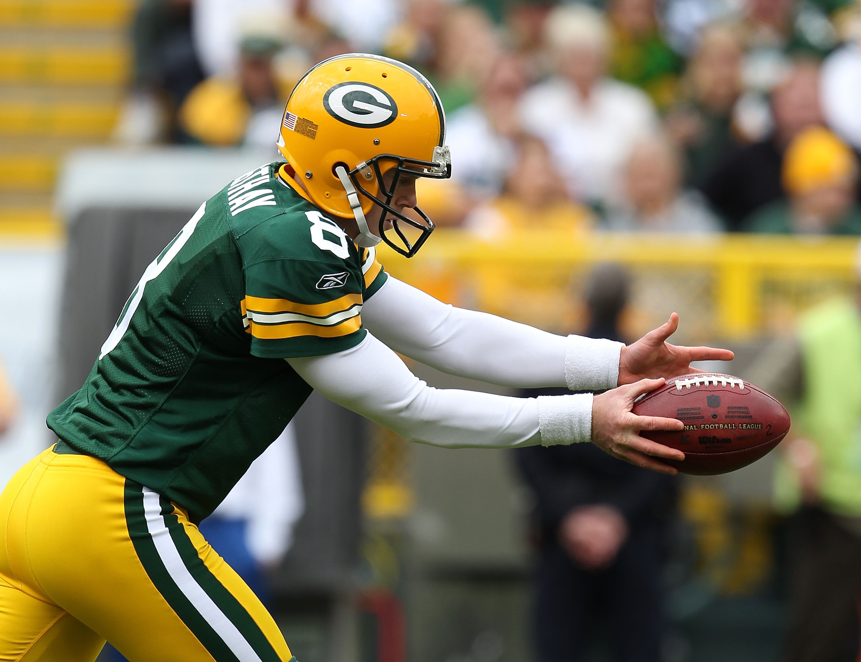 GREEN BAY, WI - SEPTEMBER 19: Tim Masthay #8 of the Green Bay Packers punts the ball against the Buffalo Bills at Lambeau Field on September 19, 2010 in Green Bay, Wisconsin. The Packers defeated the Bills 34-7. (Photo by Jonathan Daniel/Getty Images)