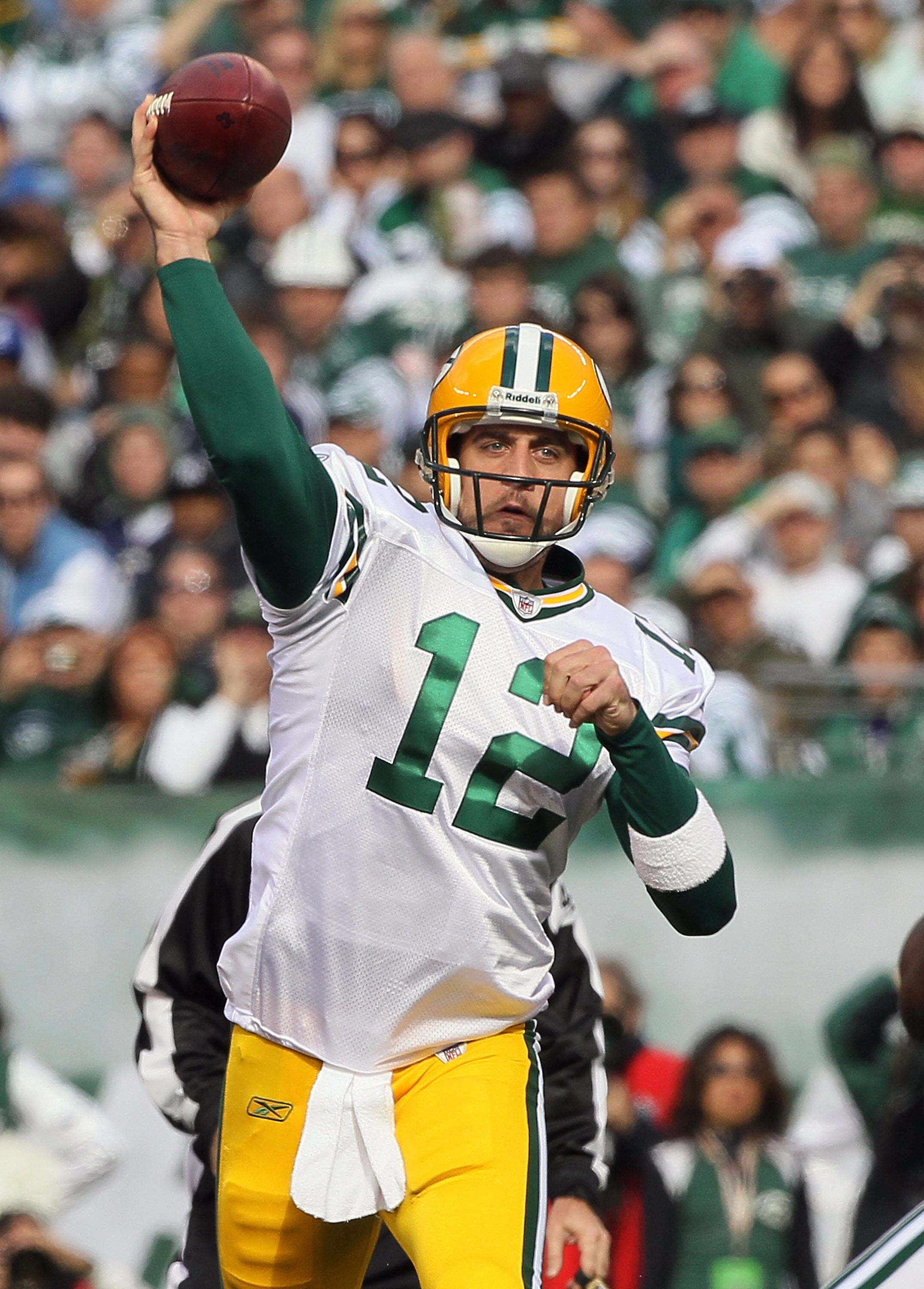 EAST RUTHERFORD, NJ - OCTOBER 31: Aaron Rodgers #12 of the Green Bay Packers throws a pass against the New York Jets on October 31, 2010 at the New Meadowlands Stadium in East Rutherford, New Jersey. (Photo by Jim McIsaac/Getty Images)
