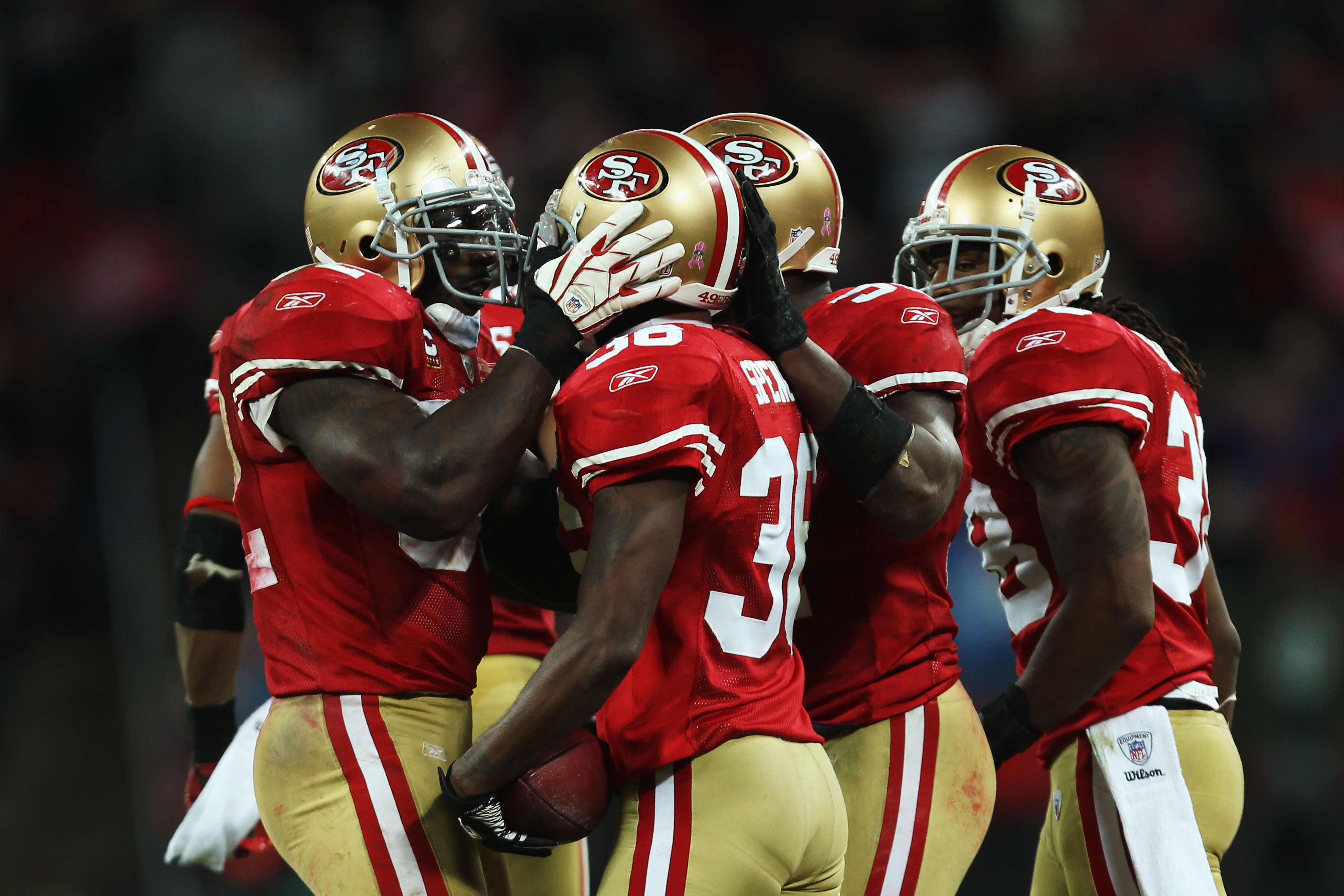 LONDON, ENGLAND - OCTOBER 31:  Shawntae Spencer #36 of San Francisco 49ers is congratulated after an interception during the NFL International Series match between Denver Broncos and San Francisco 49ers at Wembley Stadium on October 31, 2010 in London, En