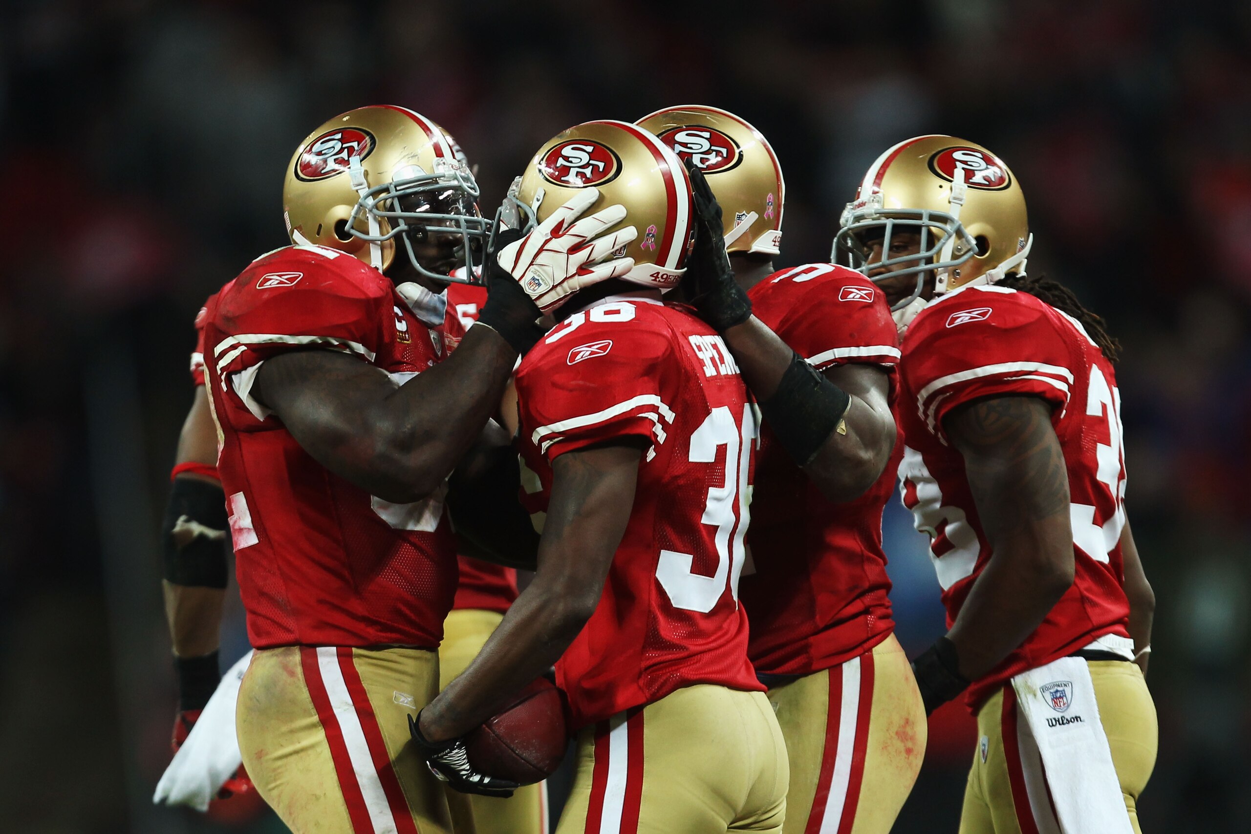 LONDON, ENGLAND - OCTOBER 31:  Shawntae Spencer #36 of San Francisco 49ers is congratulated after an interception during the NFL International Series match between Denver Broncos and San Francisco 49ers at Wembley Stadium on October 31, 2010 in London, En