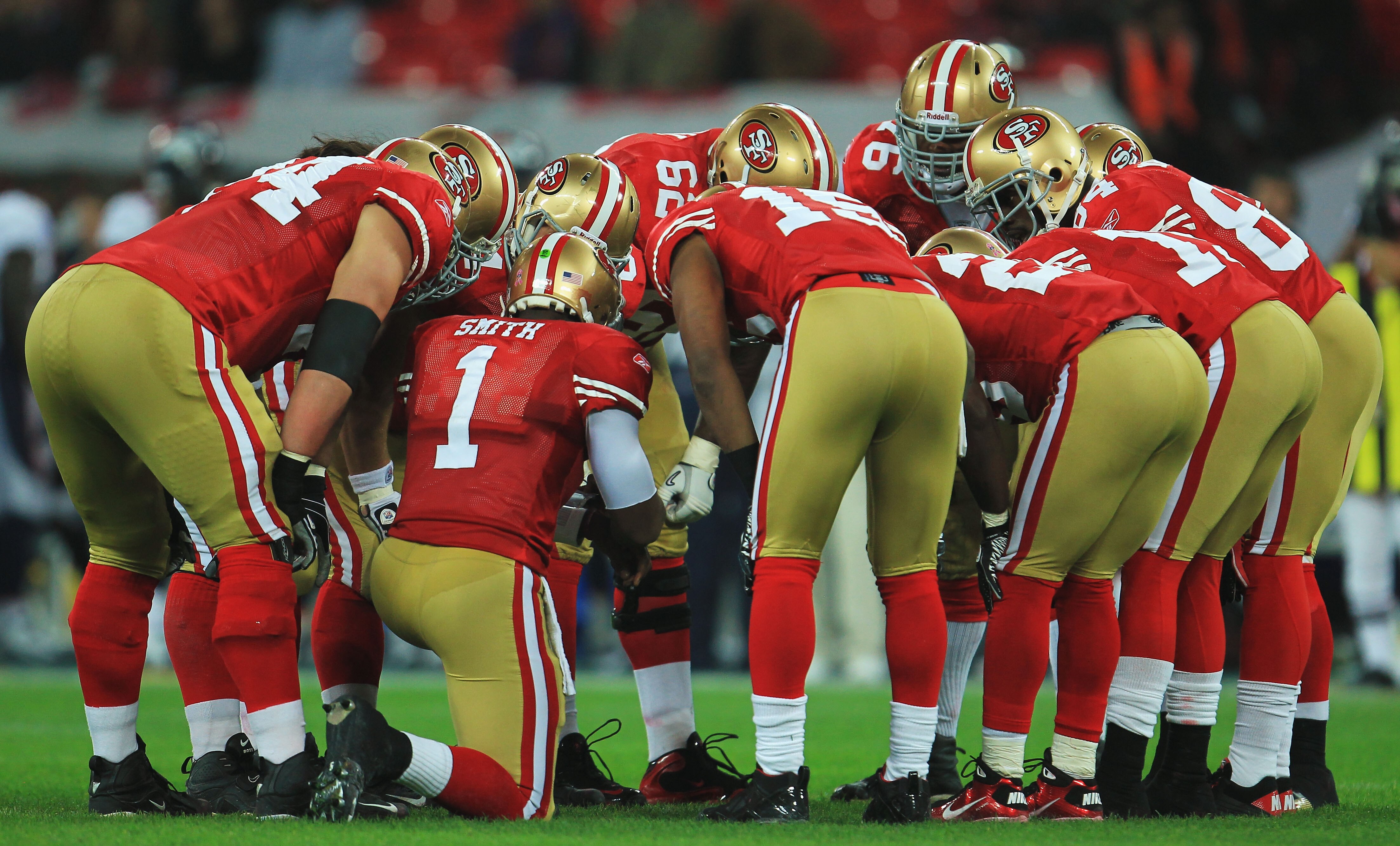 LONDON, ENGLAND - OCTOBER 31:  San Francisco 49ers huddle before the NFL International Series match between Denver Broncos and San Francisco 49ers at Wembley Stadium on October 31, 2010 in London, England. This is the fourth occasion where a regular seaso