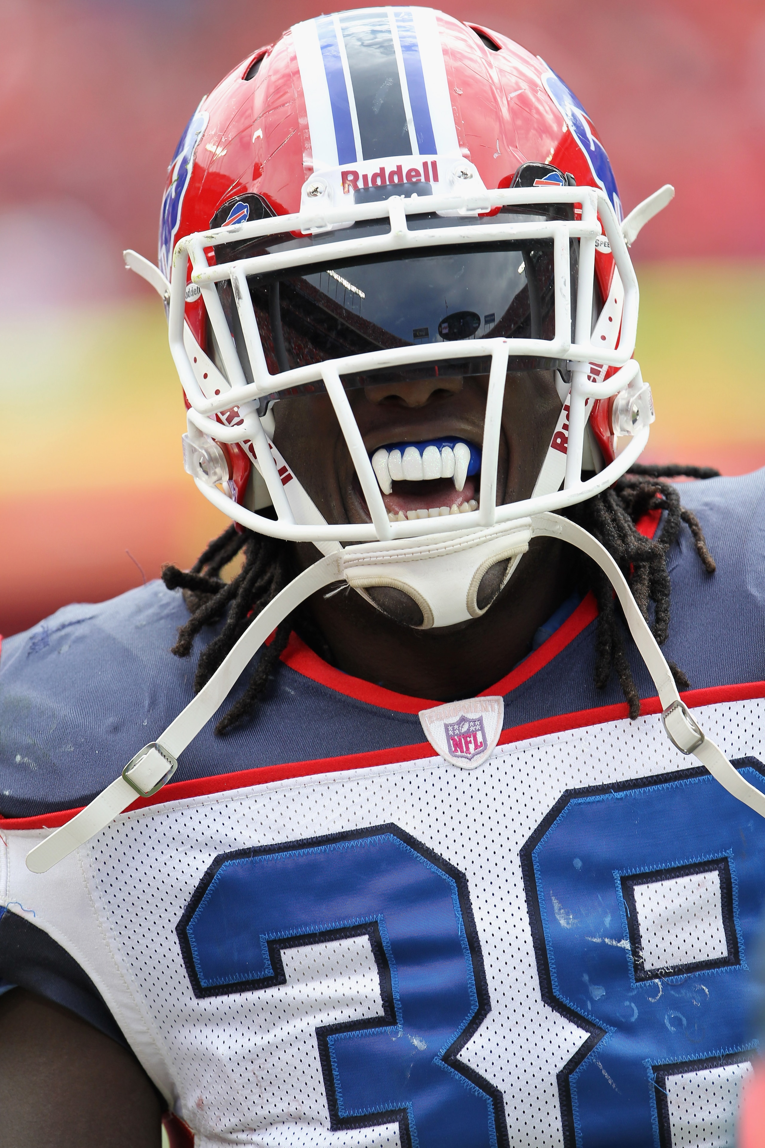 KANSAS CITY, MO - OCTOBER 31: Running back Corey McIntyre #38 of the Buffalo Bills wears a mouthguard in the shape of vampire fangs during the game against the Kansas City Chiefs on October 31, 2010 at Arrowhead Stadium in Kansas City, Missouri. (Phot KANSAS CITY, MO - OCTOBER 31: Running back Corey McIntyre #38 of the Buffalo Bills wears a mouthguard in the shape of vampire fangs during the game against the Kansas City Chiefs on October 31, 2010 at Arrowhead Stadium in Kansas City, Missouri. (Phot