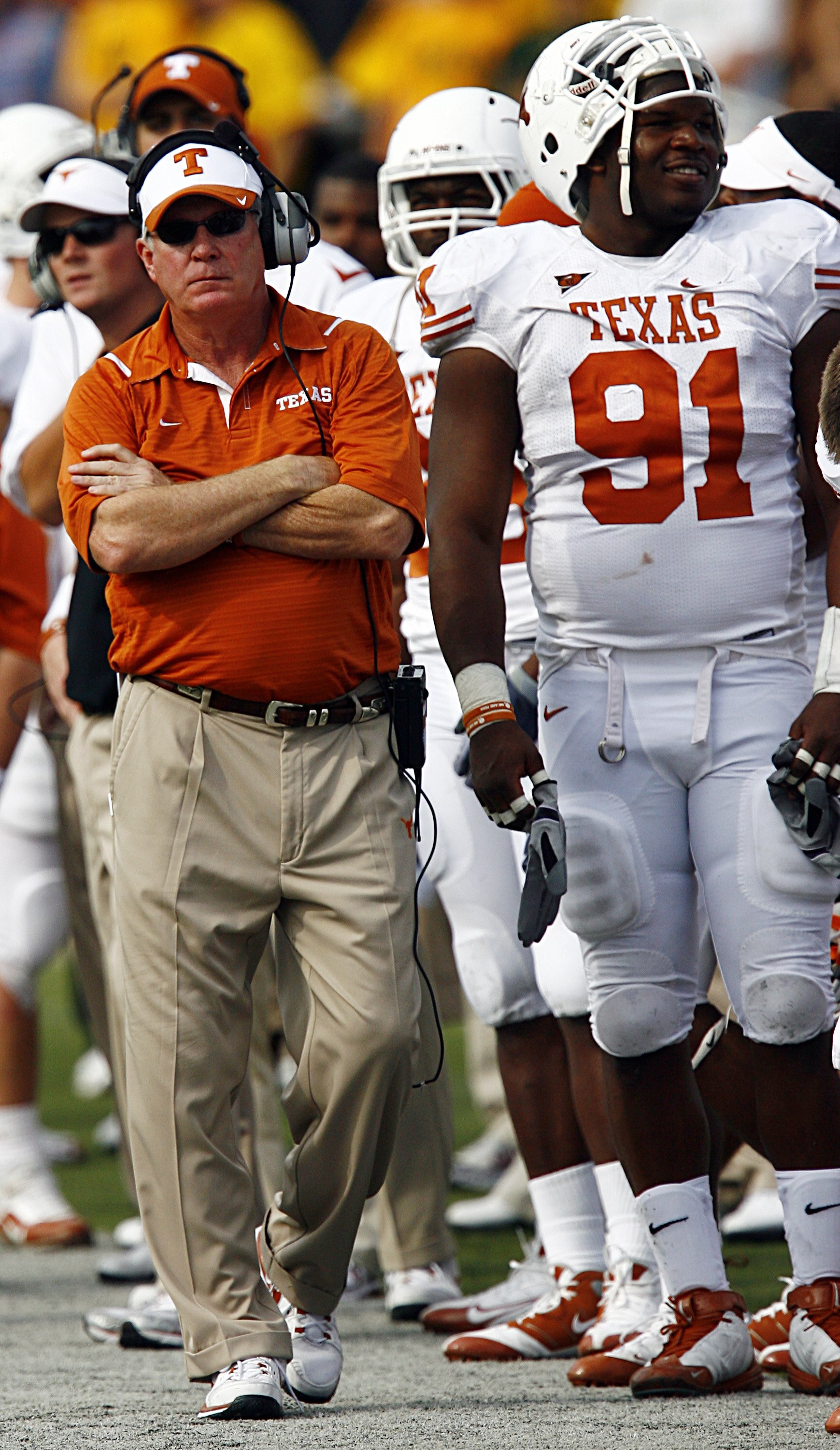WACO, TX - NOVEMBER 14:  Head coach Mack Brown of the Texas Longhorns leads his team against the Baylor Bears in the third quarter on November 14, 2009 at Floyd Casey Stadium in Waco, Texas.  The Longhorns beat the Bears 47-14.  (Photo by Tom Pennington/G