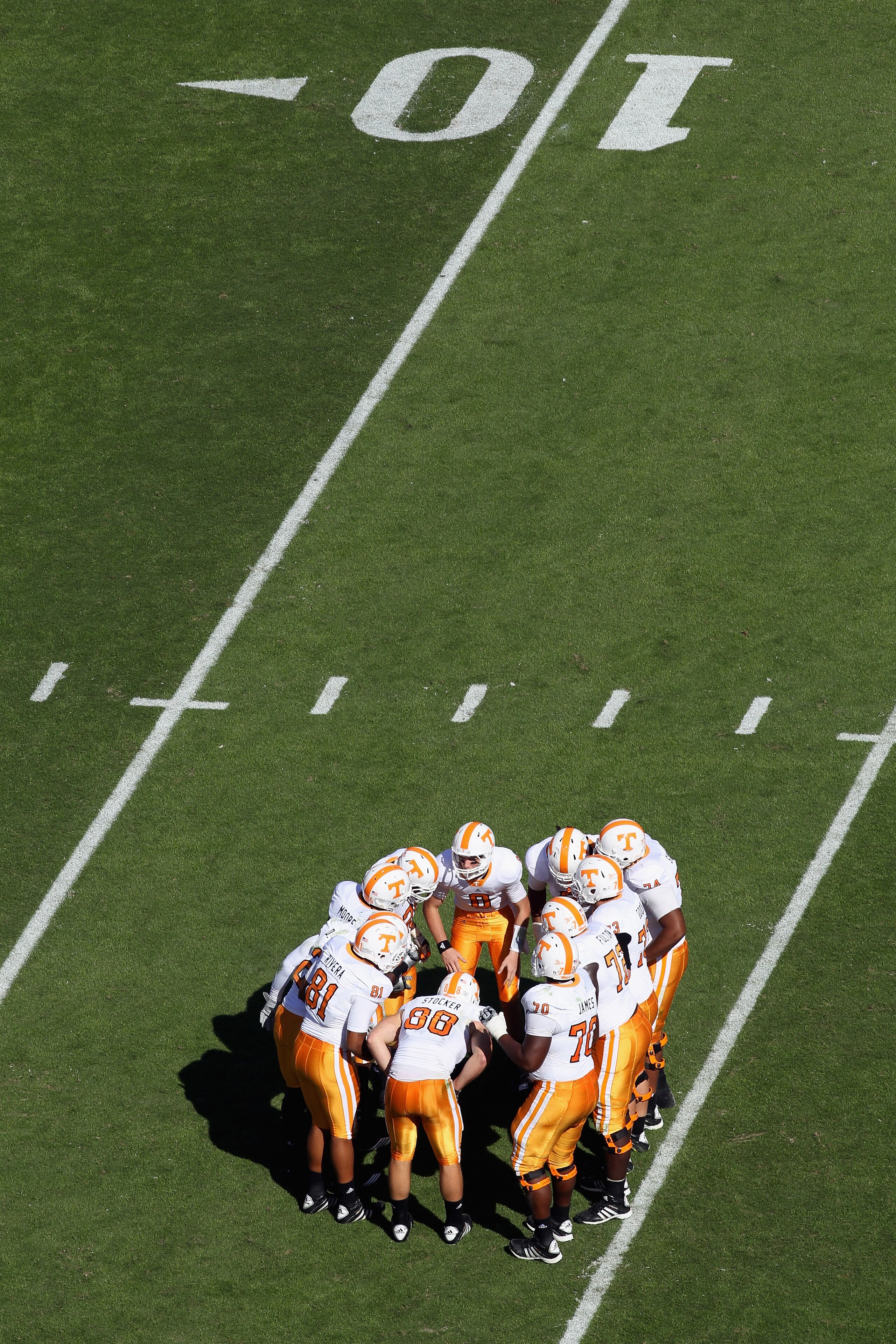 COLUMBIA, SC - OCTOBER 30:  The Tennessee Volunteers huddle against the South Carolina Gamecocks during their game at Williams-Brice Stadium on October 30, 2010 in Columbia, South Carolina.  (Photo by Streeter Lecka/Getty Images)