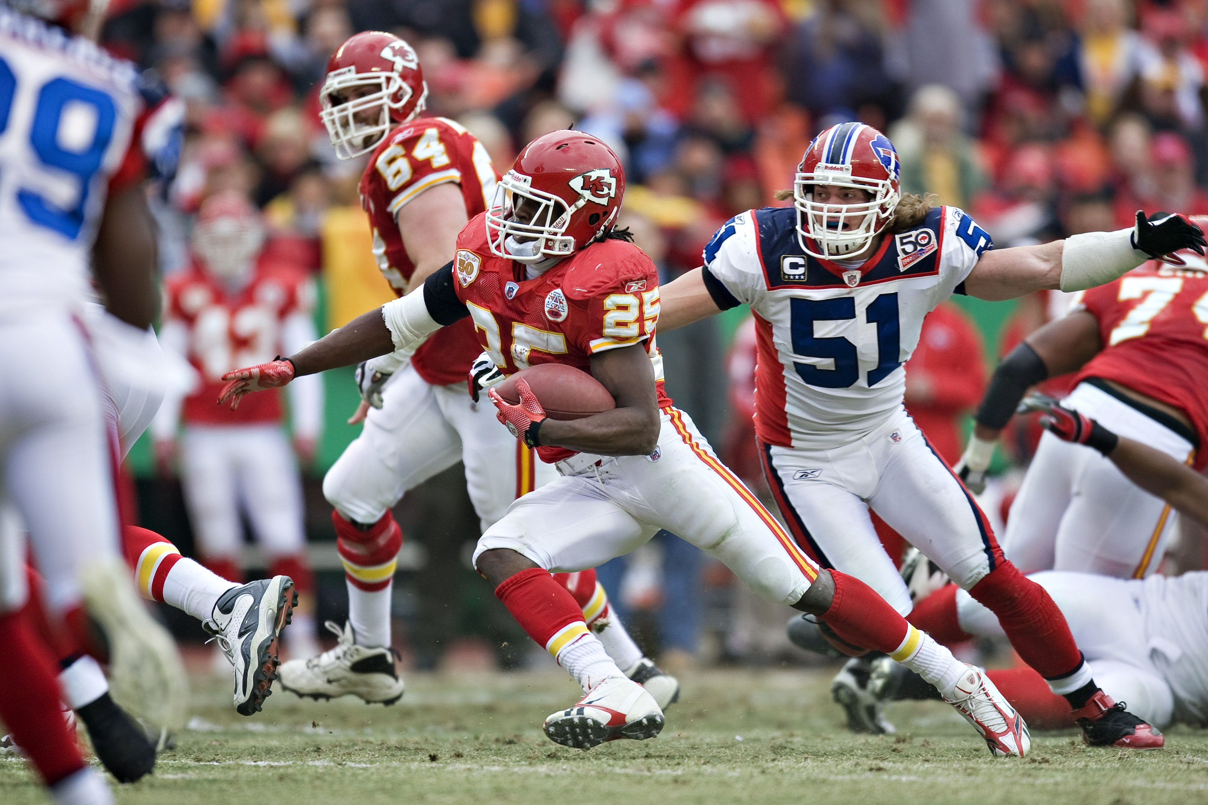 KANSAS CITY, MO - DECEMBER 13: Running back Jamaal Charles #25 of the Kansas City Chiefs  runs the ball during a NFL game action against the Buffalo Bills at Arrowhead Stadium on December 13, 2009 Kansas City, Missouri.  The Bills defeated the Chiefs 16-1