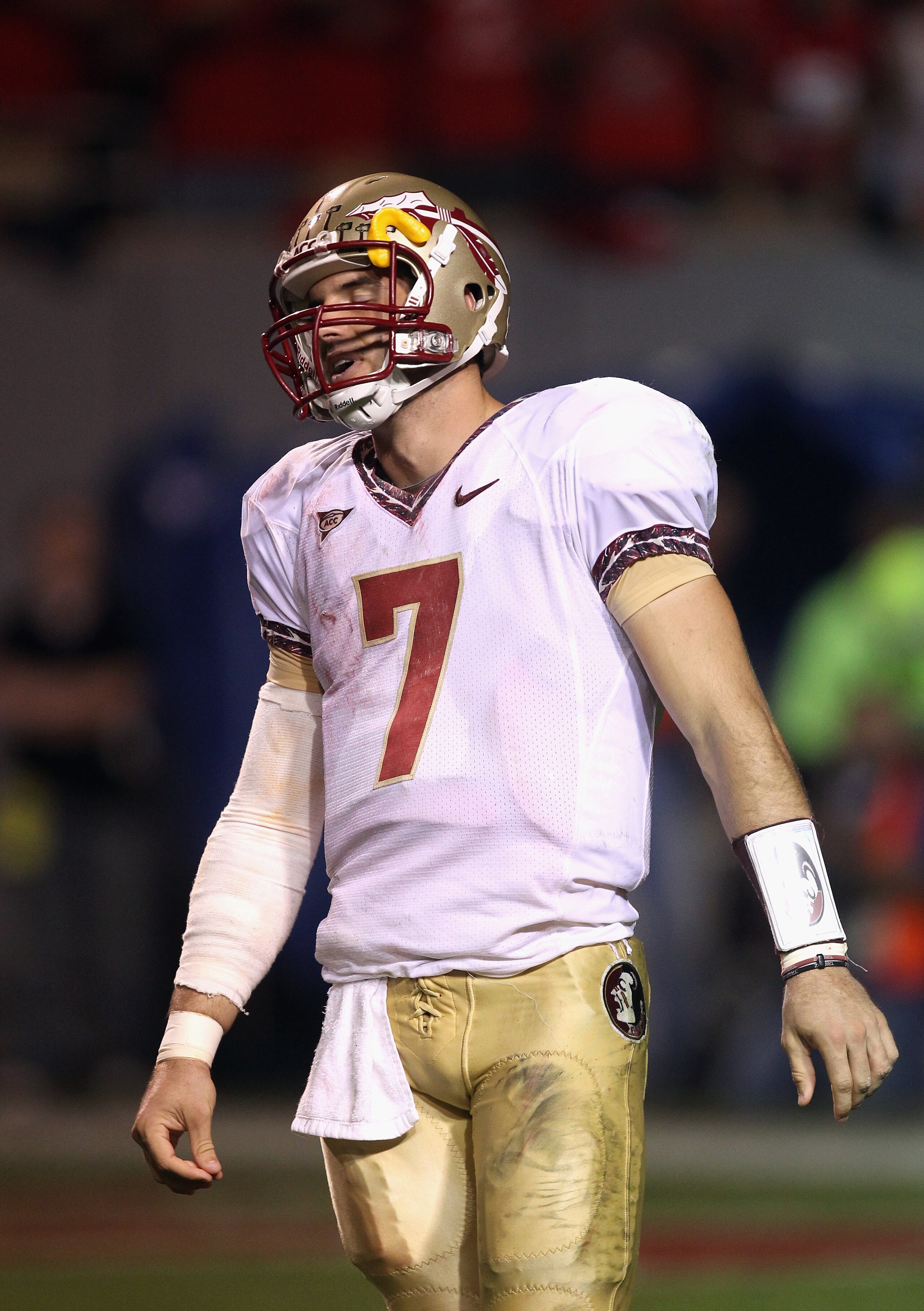 RALEIGH, NC - OCTOBER 28:  Christian Ponder #7 of the Florida State Seminoles reacts to a play against the North Carolina State Wolfpack during their game at Carter-Finley Stadium on October 28, 2010 in Raleigh, North Carolina.  (Photo by Streeter Lecka/G