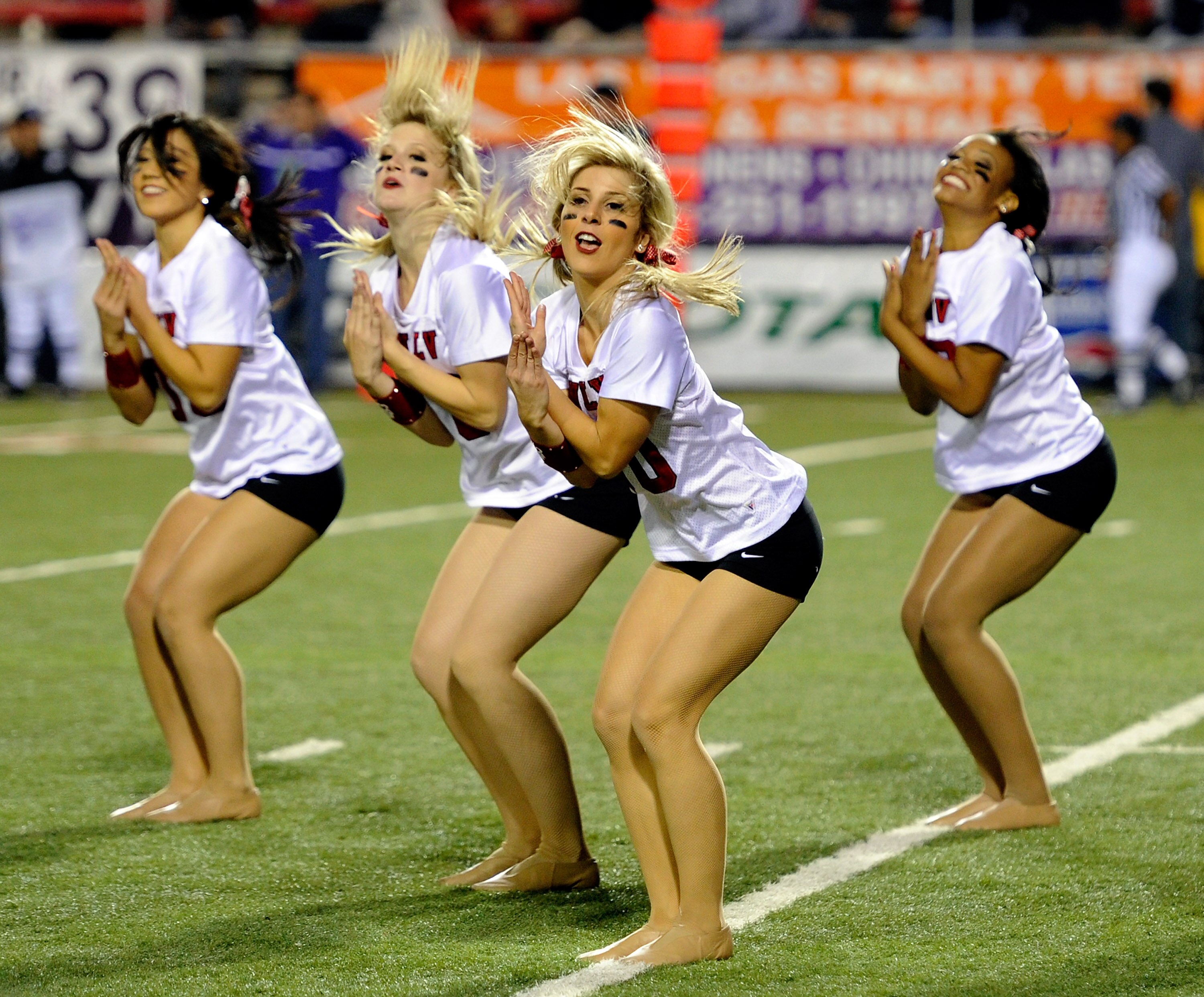 LAS VEGAS - OCTOBER 30:  Members of the UNLV Rebels dance team perform during the Rebels' game against the Texas Christian University Horned Frogs at Sam Boyd Stadium October 30, 2010 in Las Vegas, Nevada. TCU won 48-6.  (Photo by Ethan Miller/Getty Image