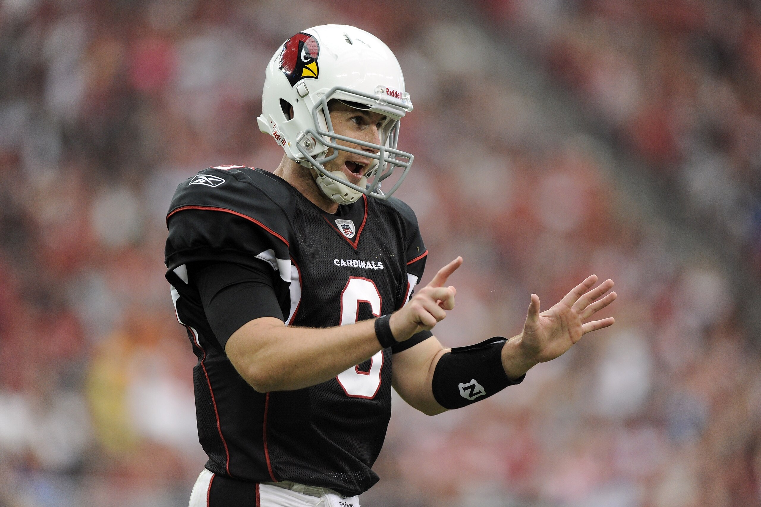 GLENDALE, AZ - OCTOBER 31:  Max Hall #6 of the Arizona Cardinals reacts to the bench during a timeout against the Tampa Bay Buccaneers during the first quarter at University of Phoenix Stadium on October 31, 2010 in Glendale, Arizona.  (Photo by Harry How