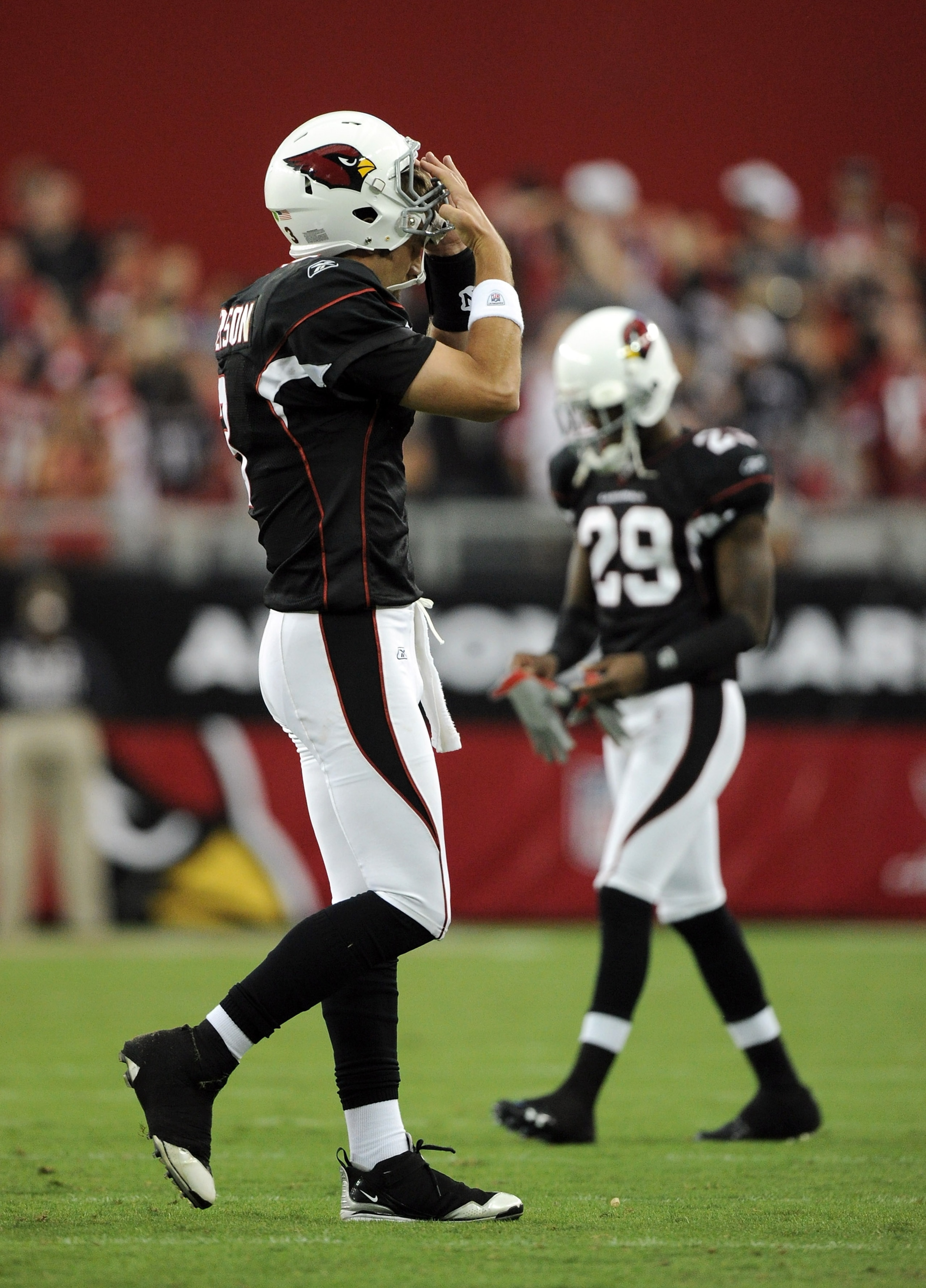 GLENDALE, AZ - OCTOBER 31: Derek Anderson #3 of the Arizona Cardinals reacts as he leaves the field after throwing an interception toAqib Talib #25 of the Tampa Bay Buccaneers during the fourth quarter at University of Phoenix Stadium on October 31, 2010 GLENDALE, AZ - OCTOBER 31: Derek Anderson #3 of the Arizona Cardinals reacts as he leaves the field after throwing an interception toAqib Talib #25 of the Tampa Bay Buccaneers during the fourth quarter at University of Phoenix Stadium on October 31, 2010