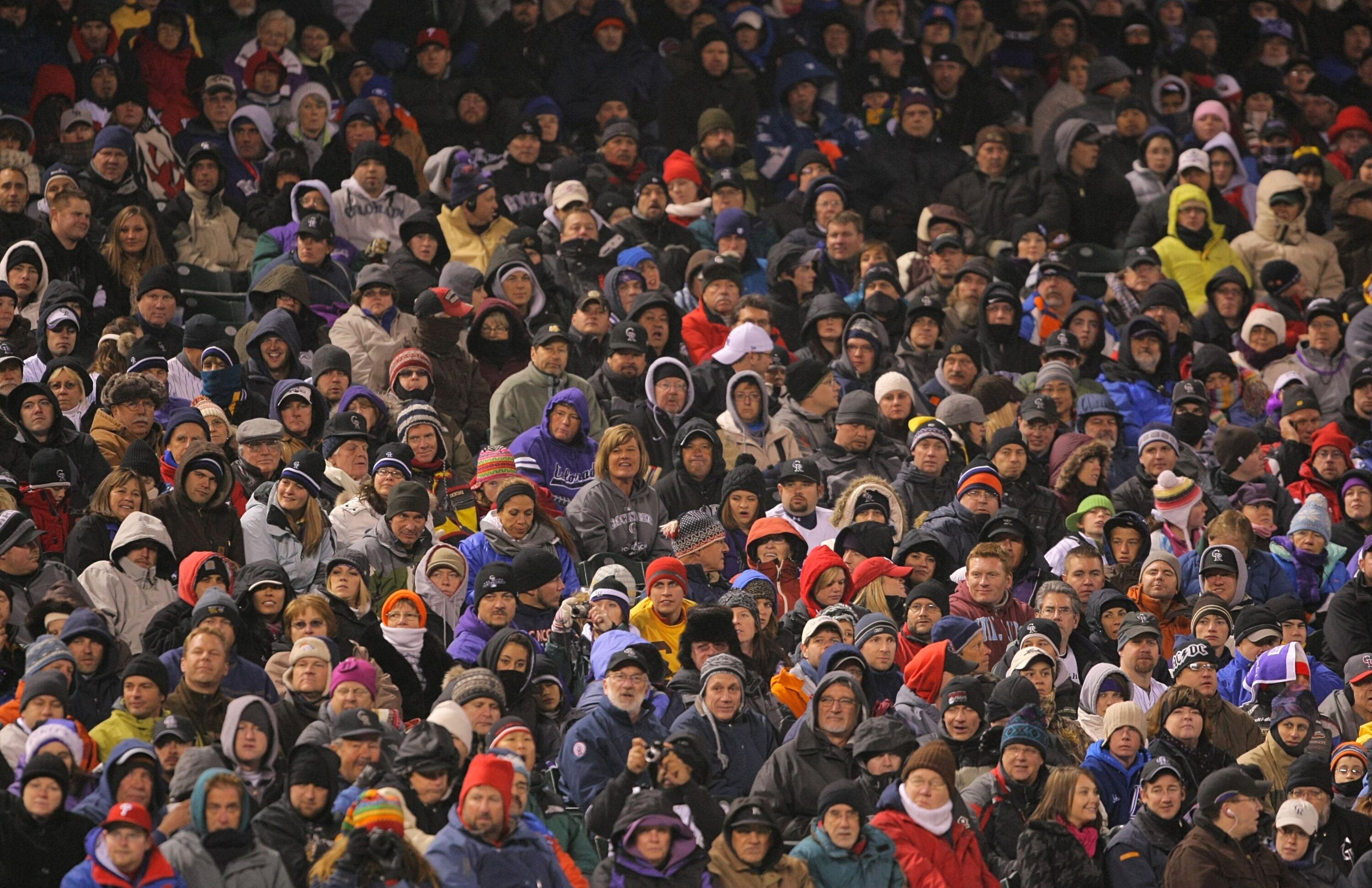 DENVER - OCTOBER 11:  General view of fans dressed for the second coldest game in the history of Coors Field as the Colorado Rockies host the Philadelphia Phillies in Game Three of the NLDS during the 2009 MLB Playoffs at Coors Field on October 11, 2009 i