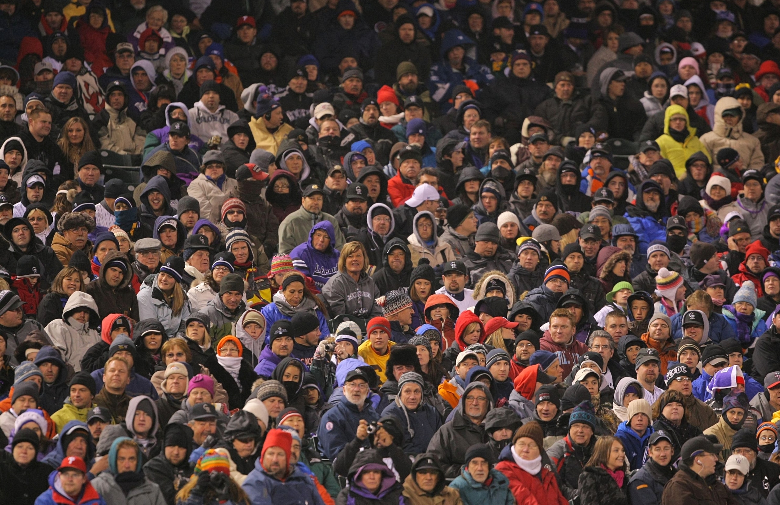 DENVER - OCTOBER 11:  General view of fans dressed for the second coldest game in the history of Coors Field as the Colorado Rockies host the Philadelphia Phillies in Game Three of the NLDS during the 2009 MLB Playoffs at Coors Field on October 11, 2009 i