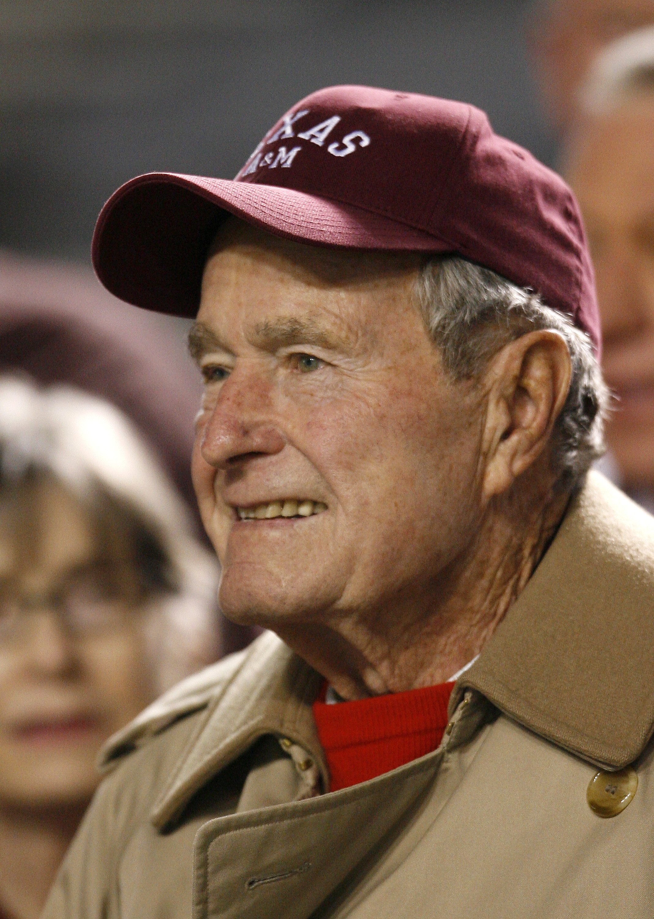COLLEGE STATION, TX - NOVEMBER 26: Former President George H.W. Bush smiles prior to the Texas Longhorns against Texas A&M Aggies at Kyle Field on November 26, 2009 in College Station, Texas.  The Longhorns defeated the Aggies 49-39. (Photo by Aaron M. Sp