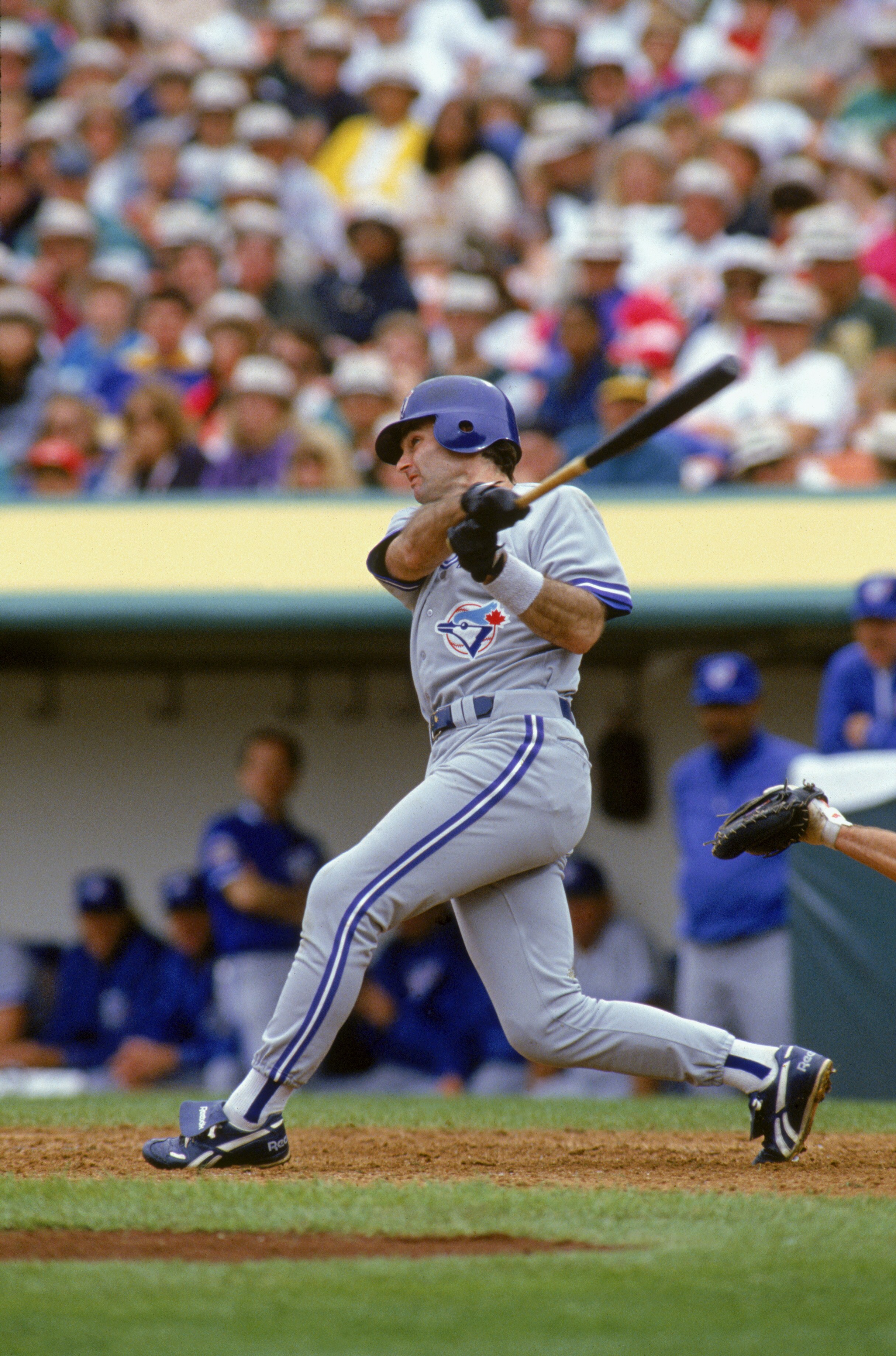 OAKLAND - MAY 30:  Paul Molitor #19 of the Toronto Blue Jays swings at an Oakland Athletics pitch at Oakland Coliseum in Oakland, California on May 30, 1993. (Photo by Otto Greule Jr/Getty Images)