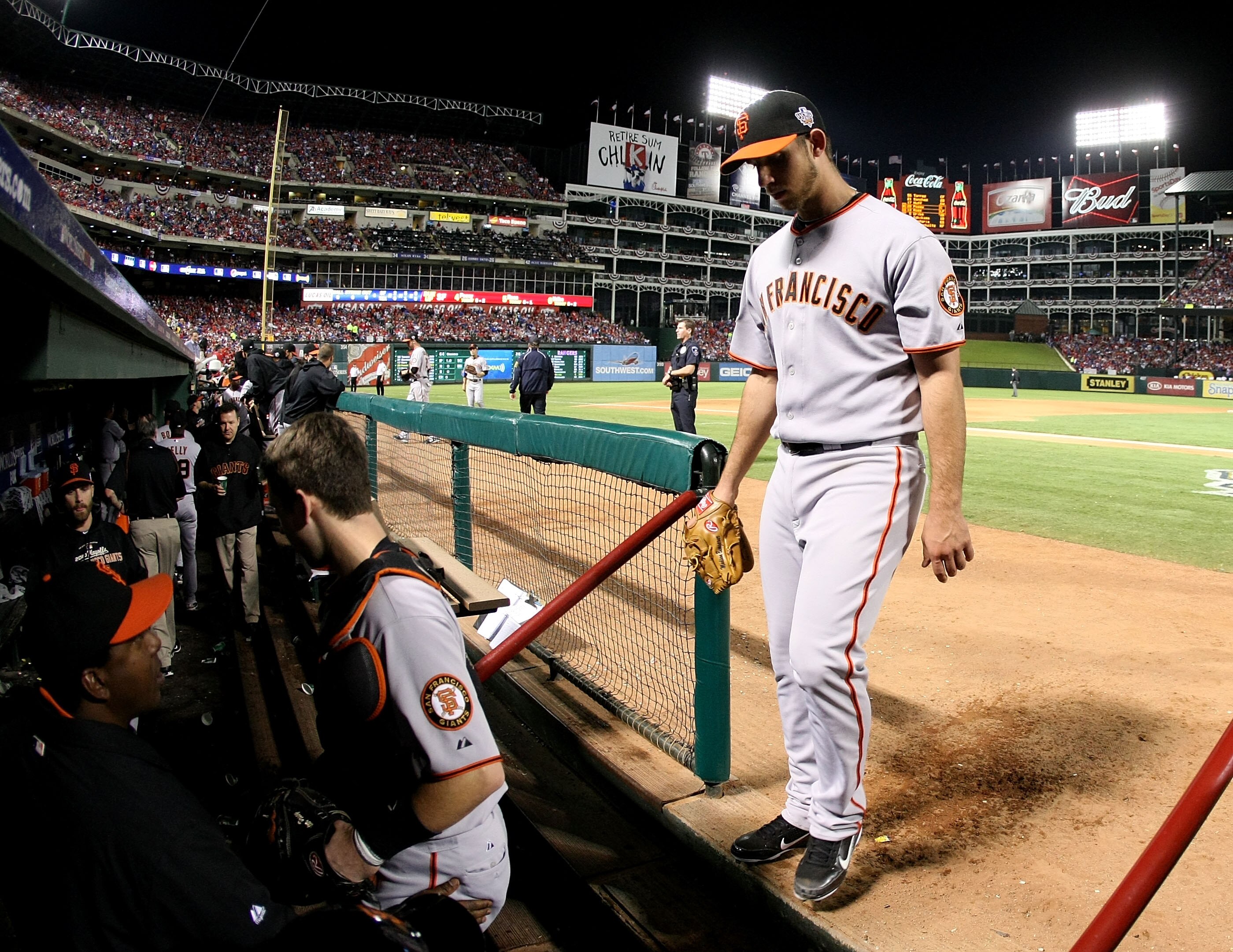 ARLINGTON, TX - OCTOBER 31:  Starting pitcher Madison Bumgarner #40 of the San Francisco Giants walks into the dugout in the fifth inning against the Texas Rangers in Game Four of the 2010 MLB World Series at Rangers Ballpark in Arlington on October 31, 2