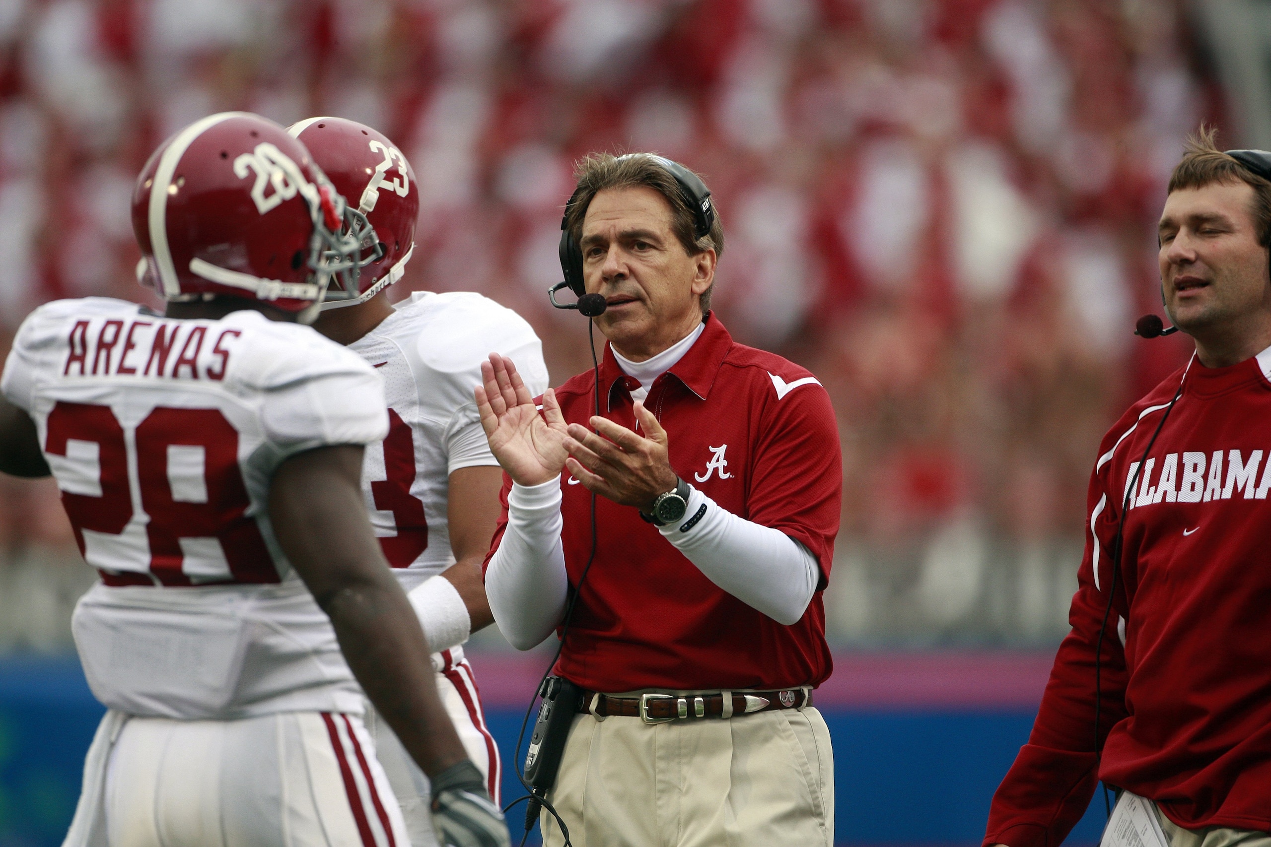OXFORD, MS - OCTOBER 10:  Coach Nick Saban of the Alabama Crimson Tide watches from the sidelines during their game against the Mississippi Rebels at Vaught-Hemingway Stadium on October 10, 2009 in Oxford, Mississippi. (Photo by Dave Martin/Getty Images)