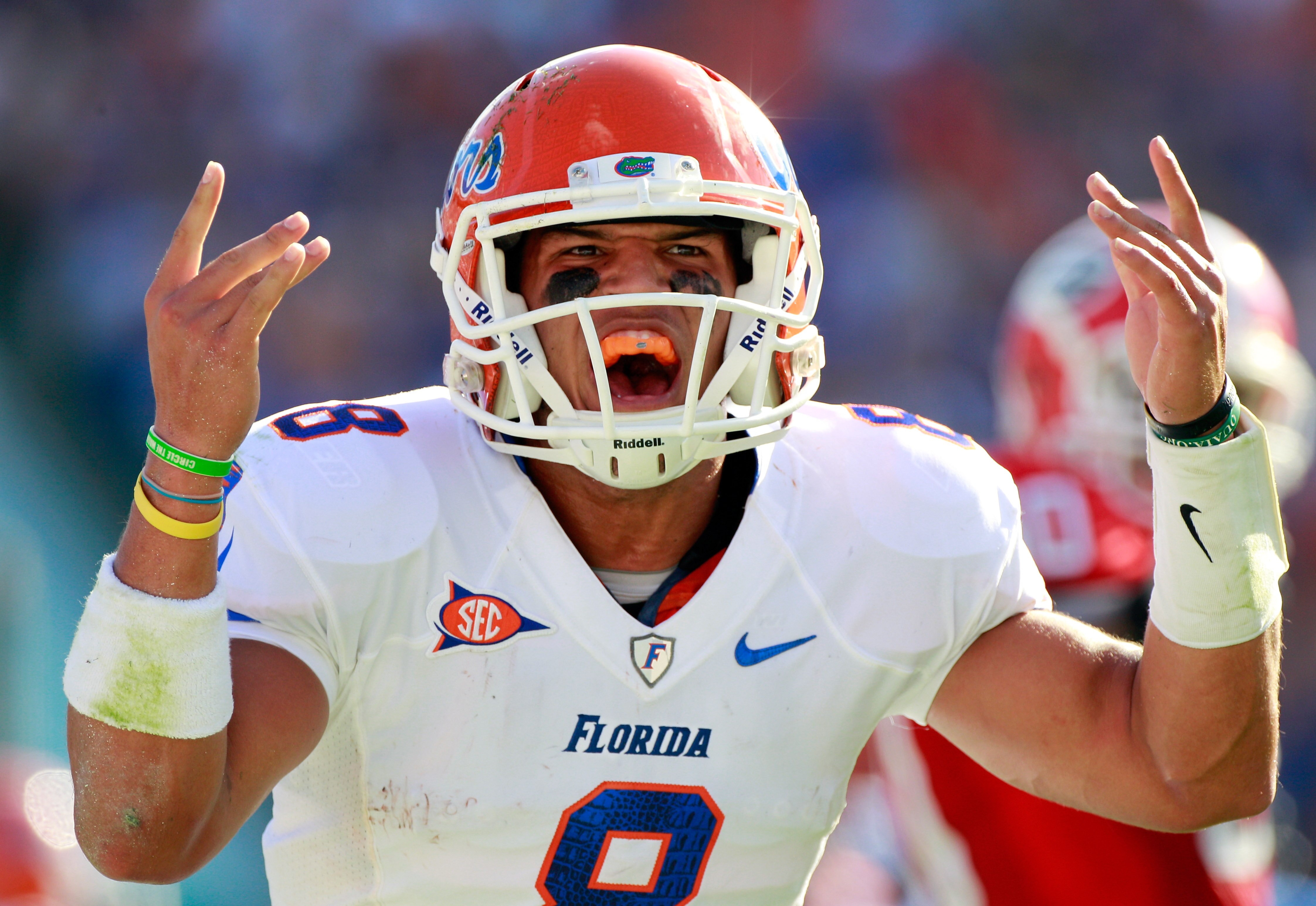 JACKSONVILLE, FL - OCTOBER 30:  Trey Burton #8 of the Florida Gators celebrates following a touchdown during the game against the Georgia Bulldogs at EverBank Field on October 30, 2010 in Jacksonville, Florida.  (Photo by Sam Greenwood/Getty Images)