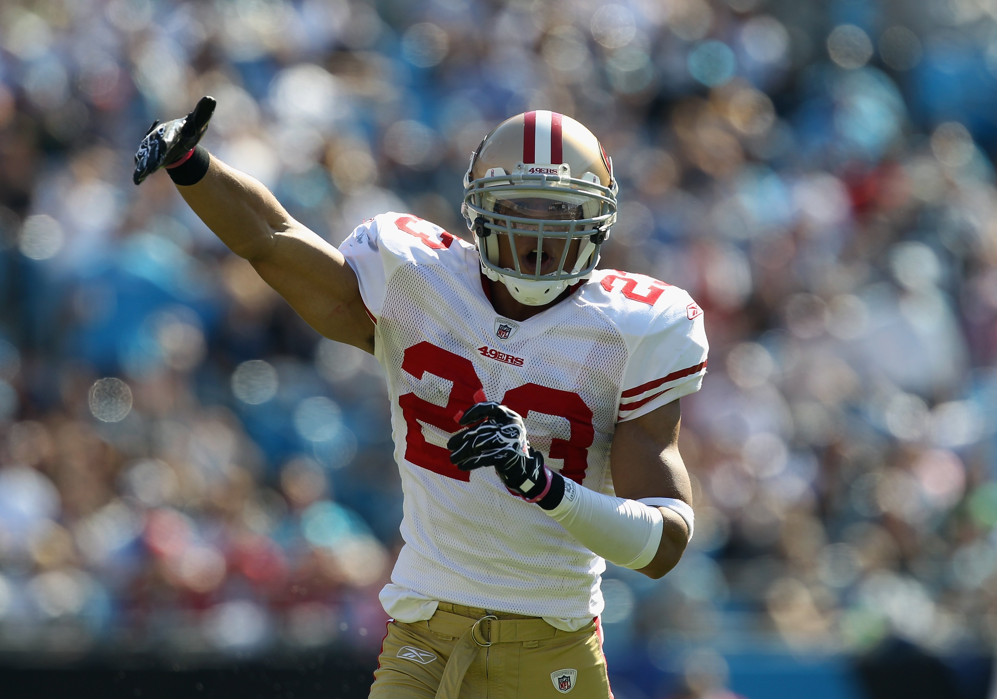CHARLOTTE, NC - OCTOBER 24:  Taylor Mays #23 of the San Francisco 49ers against the Carolina Panthers during their game at Bank of America Stadium on October 24, 2010 in Charlotte, North Carolina.  (Photo by Streeter Lecka/Getty Images)