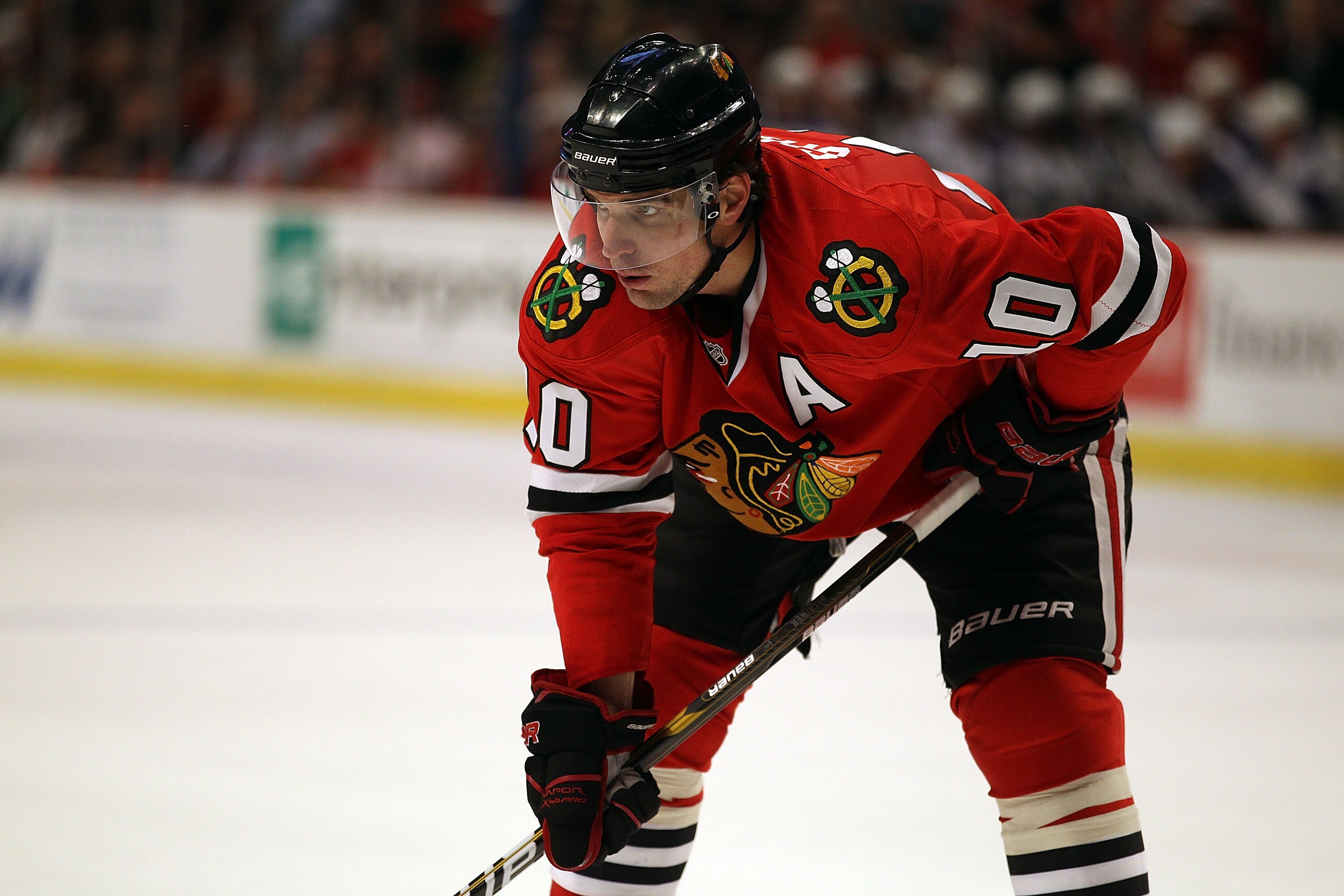 CHICAGO - OCTOBER 27: Patrick Sharp #10 of the Chicago Blackhawks awaits a face-off against the Los Angeles Kings at the United Center on October 27, 2010 in Chicago, Illinois. The Blackhawks defeated the Kings 3-1. (Photo by Jonathan Daniel/Getty Images)