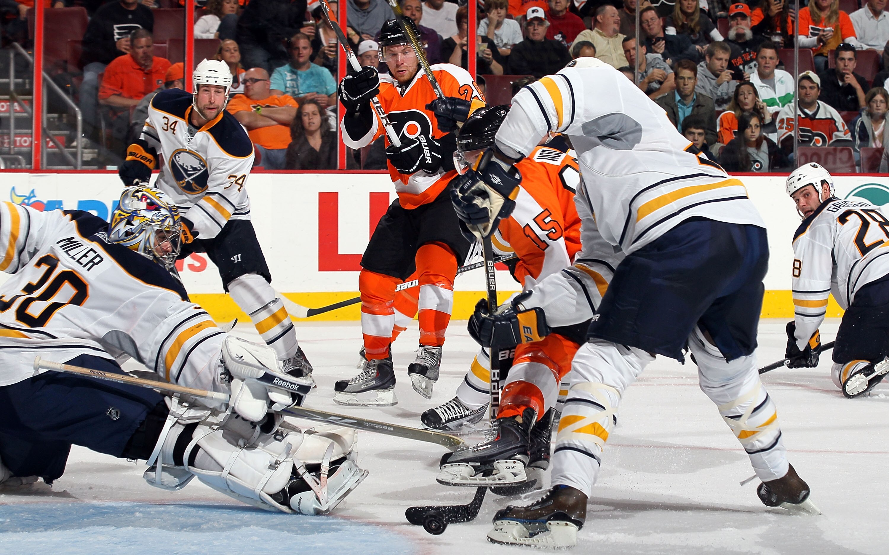 PHILADELPHIA - OCTOBER 26:  Claude Giroux #28 of the Philadelphia Flyers scores a second period goal past Ryan Miller #30 of the Buffalo Sabres on a deflection on October 26, 2010 at Wells Fargo Center in Philadelphia, Pennsylvania.  (Photo by Jim McIsaac