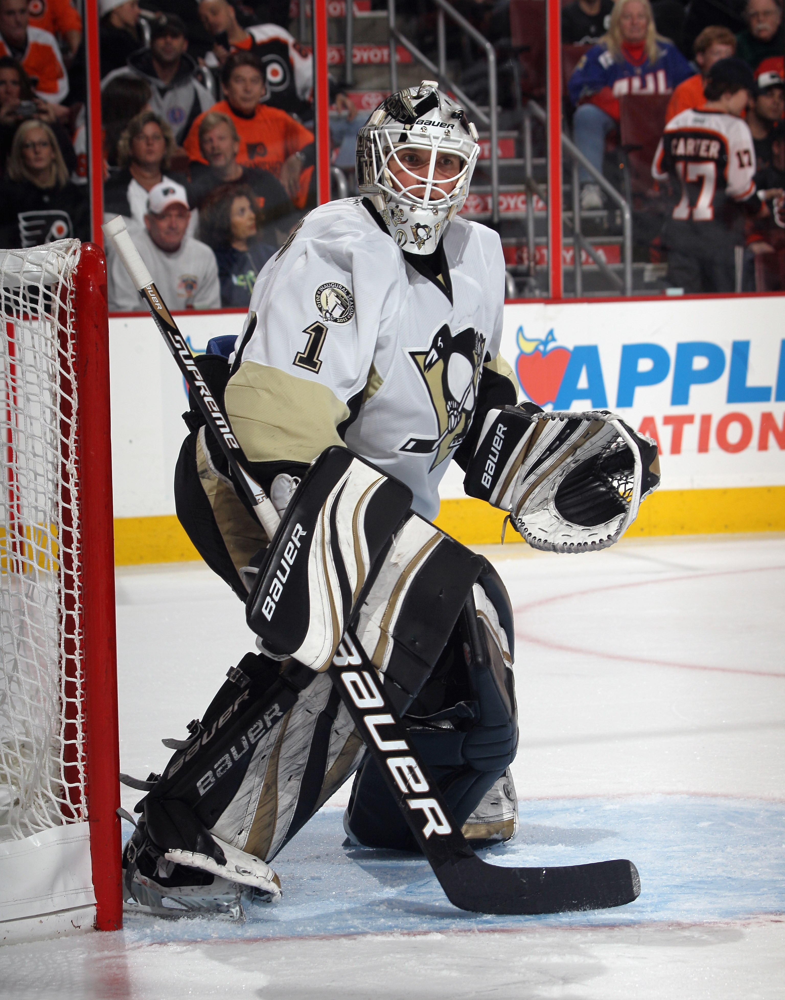 PHILADELPHIA - OCTOBER 16:  Brent Johnson #1 of the Pittsburgh Penguins tends net against the Philadelphia Flyers at the Wells Fargo Center on October 16, 2010 in Philadelphia, Pennsylvania.  (Photo by Bruce Bennett/Getty Images)