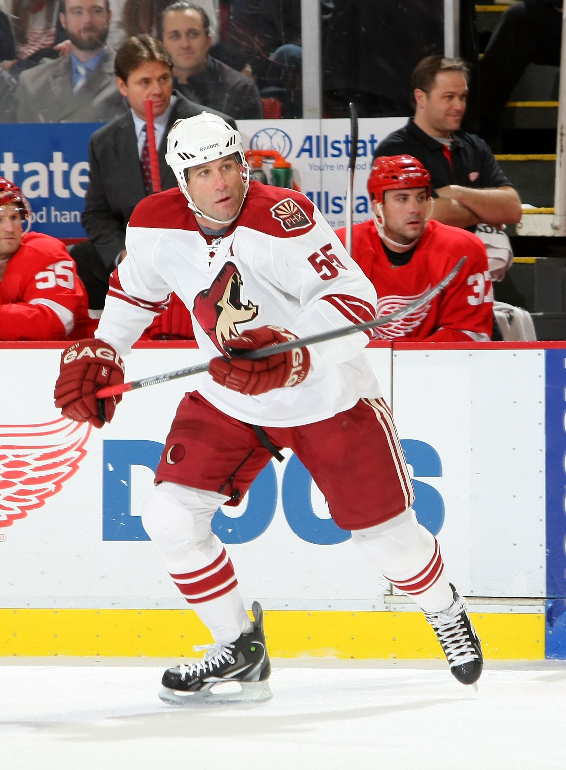 DETROIT - OCTOBER 28:  Ed Jovanovski #55 of the Phoenix Coyotes skates against the Detroit Red Wings during their NHL game at Joe Louis Arena on October 28, 2010 in Detroit, Michigan.(Photo By Dave Sandford/Getty Images)