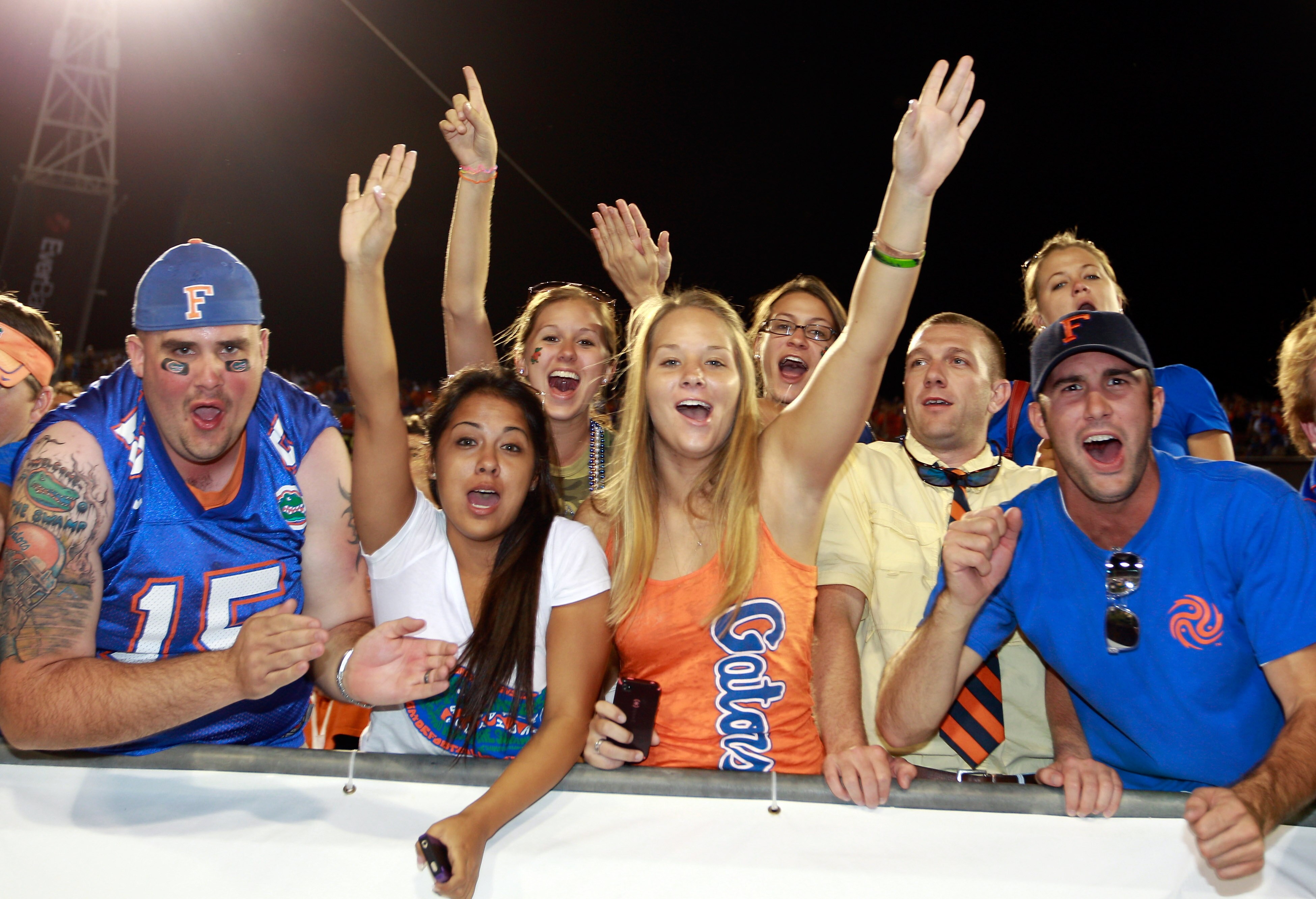 JACKSONVILLE, FL - OCTOBER 30: Florida Gator fans celebrate following a victory against the Georgia Bulldogs at EverBank Field on October 30, 2010 in Jacksonville, Florida.  (Photo by Sam Greenwood/Getty Images)