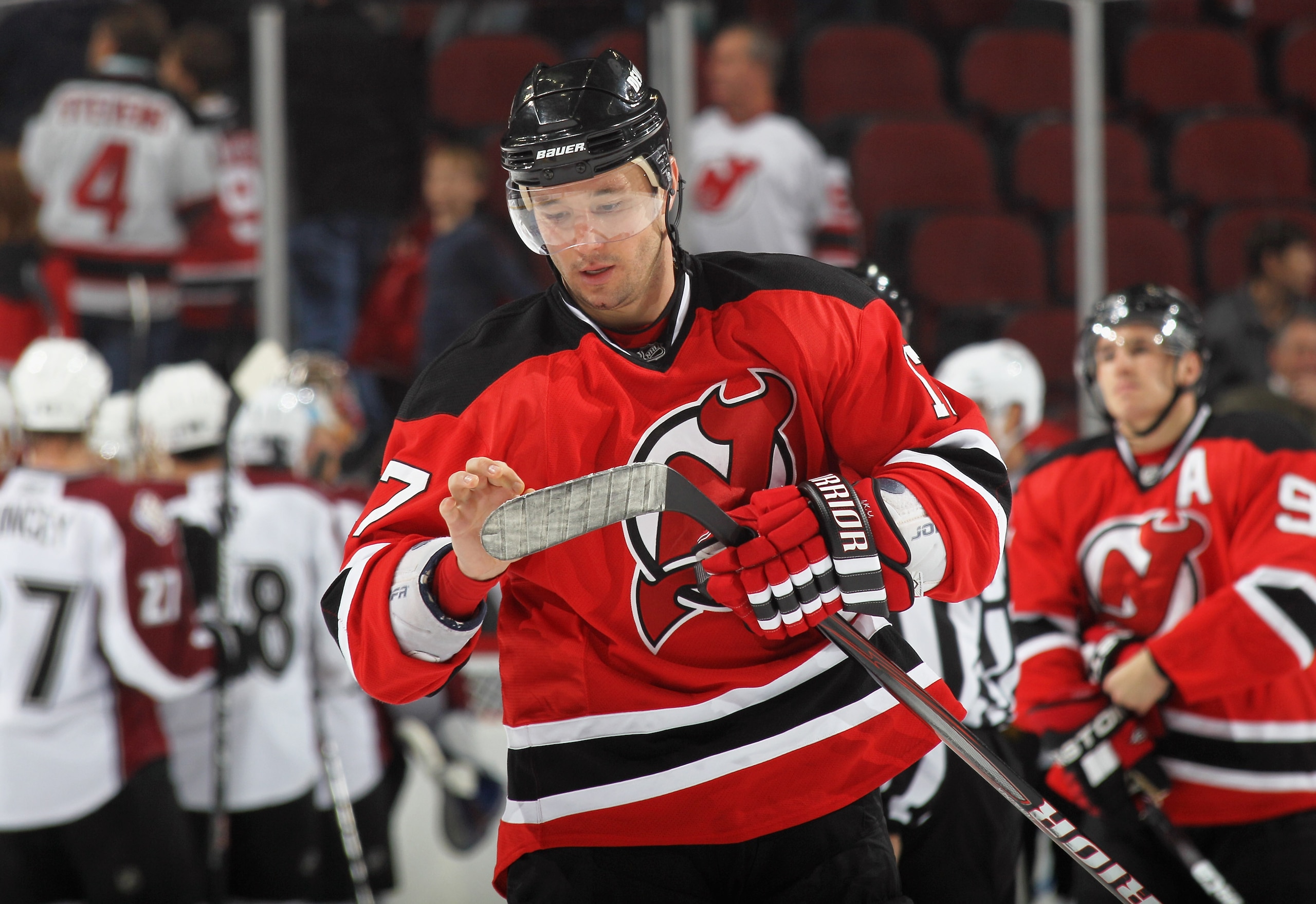 NEWARK, NJ - OCTOBER 15: Ilya Kovalchuk #17 of the New Jersey Devils checks his stick following a game against the Colorado Avalanche at the Prudential Center on October 15, 2010 in Newark, New Jersey.  (Photo by Bruce Bennett/Getty Images)