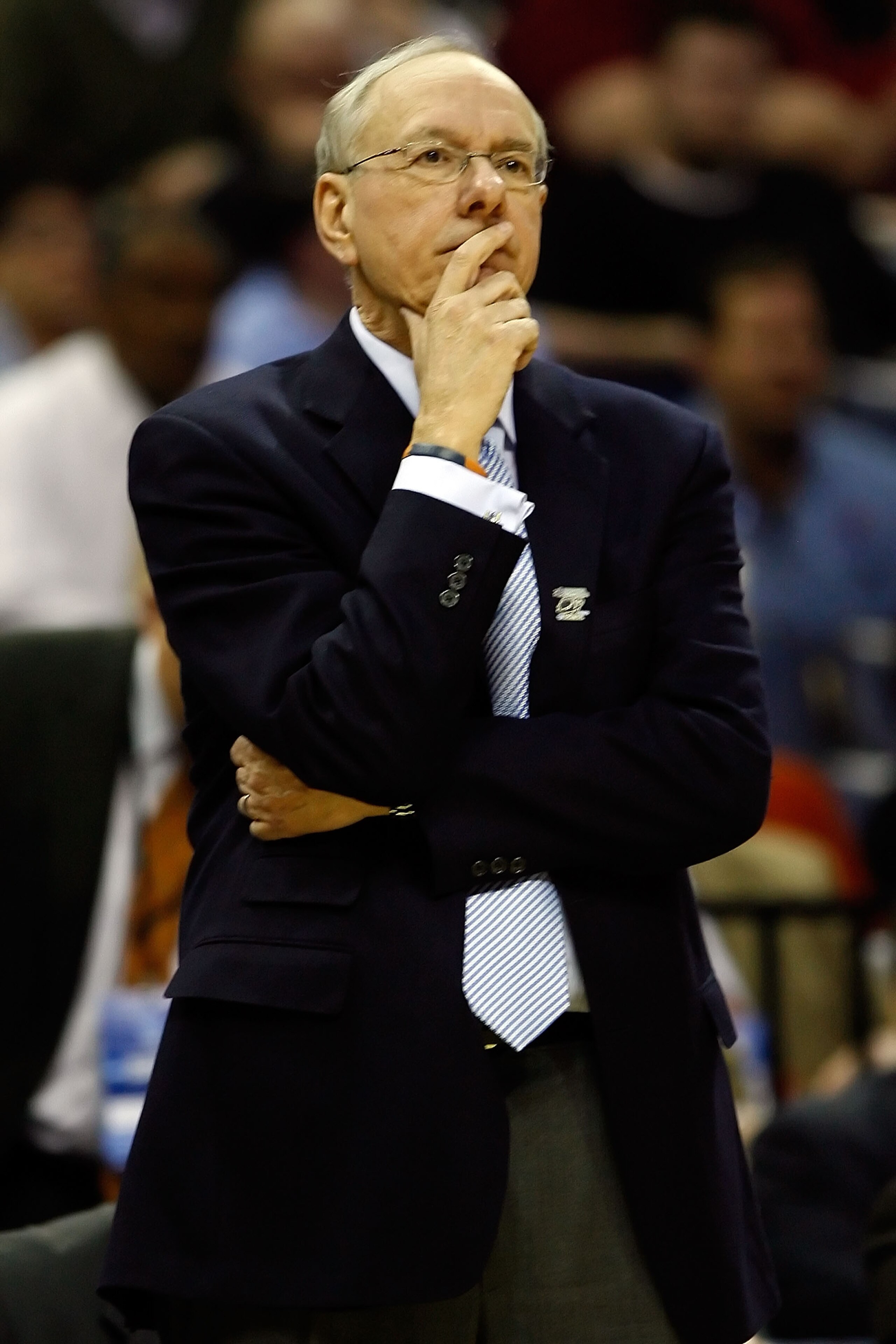 MEMPHIS, TN - MARCH 27:  Head coach Jim Boeheim of the Syracuse Orange looks on in the first half against the Oklahoma Sooners during the NCAA Men's Basketball Tournament South Regionals at the FedExForum on March 27, 2009 in Memphis, Tennessee.  (Photo b