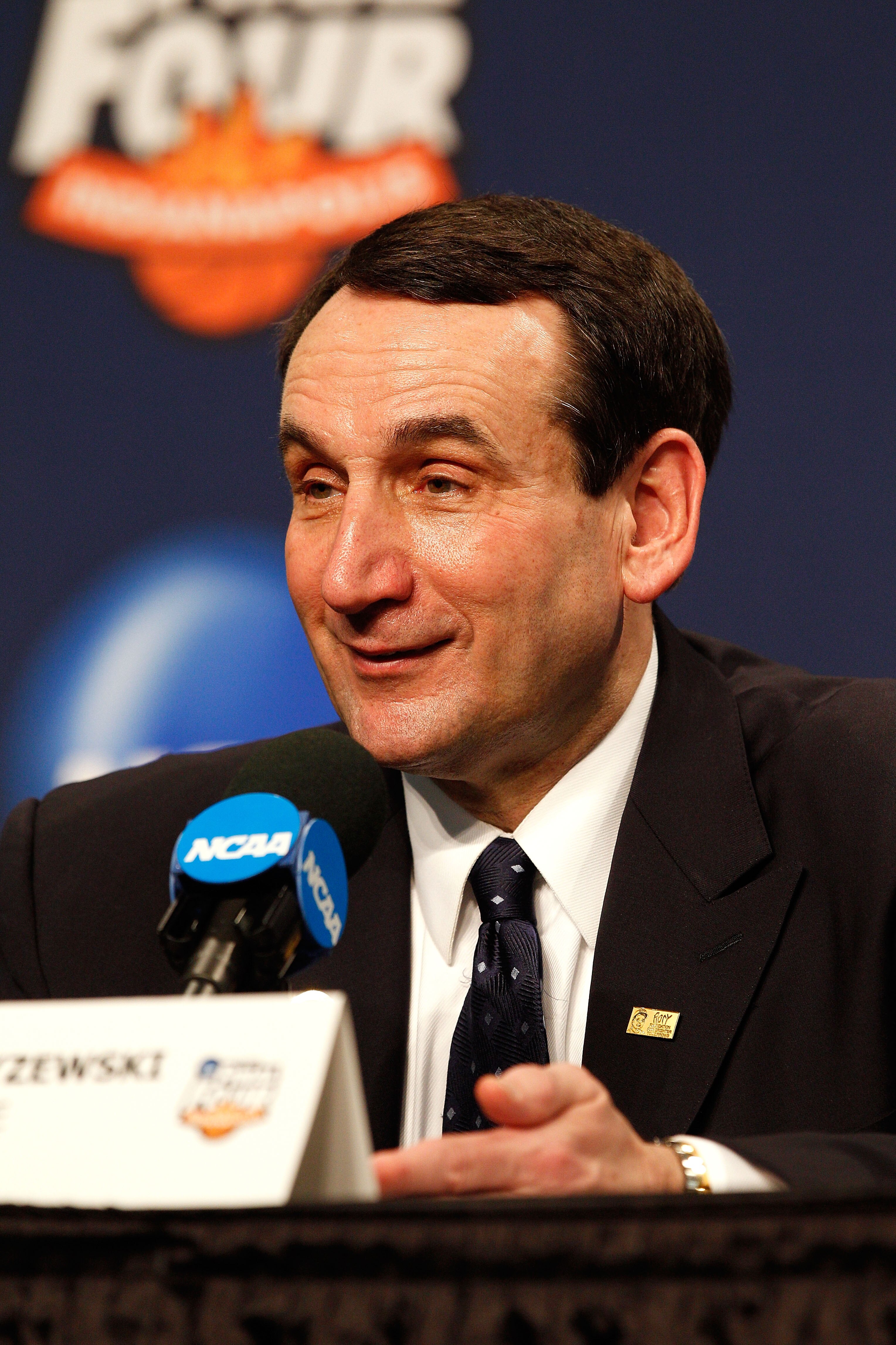INDIANAPOLIS - APRIL 05:  Head coach Mike Krzyzewski of the Duke Blue Devils speaks during the post game press conference after Duke won 61-59 against the Butler Bulldogs during the 2010 NCAA Division I Men's Basketball National Championship game at Lucas