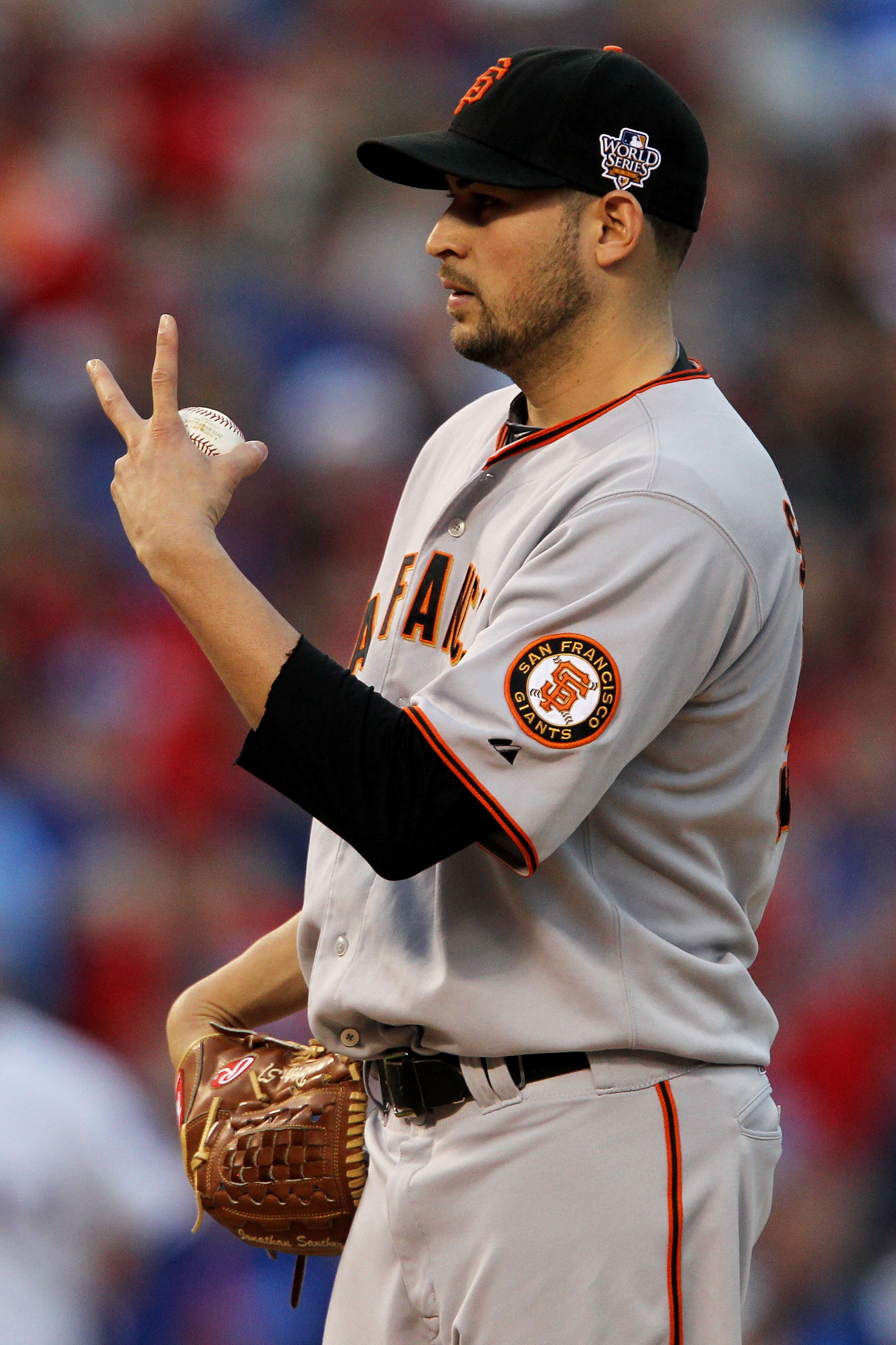 ARLINGTON, TX - OCTOBER 30:  Starting pitcher Jonathan Sanchez #57 of the San Francisco Giants gestures towards home plate against the Texas Rangers in Game Three of the 2010 MLB World Series at Rangers Ballpark in Arlington on October 30, 2010 in Arlingt