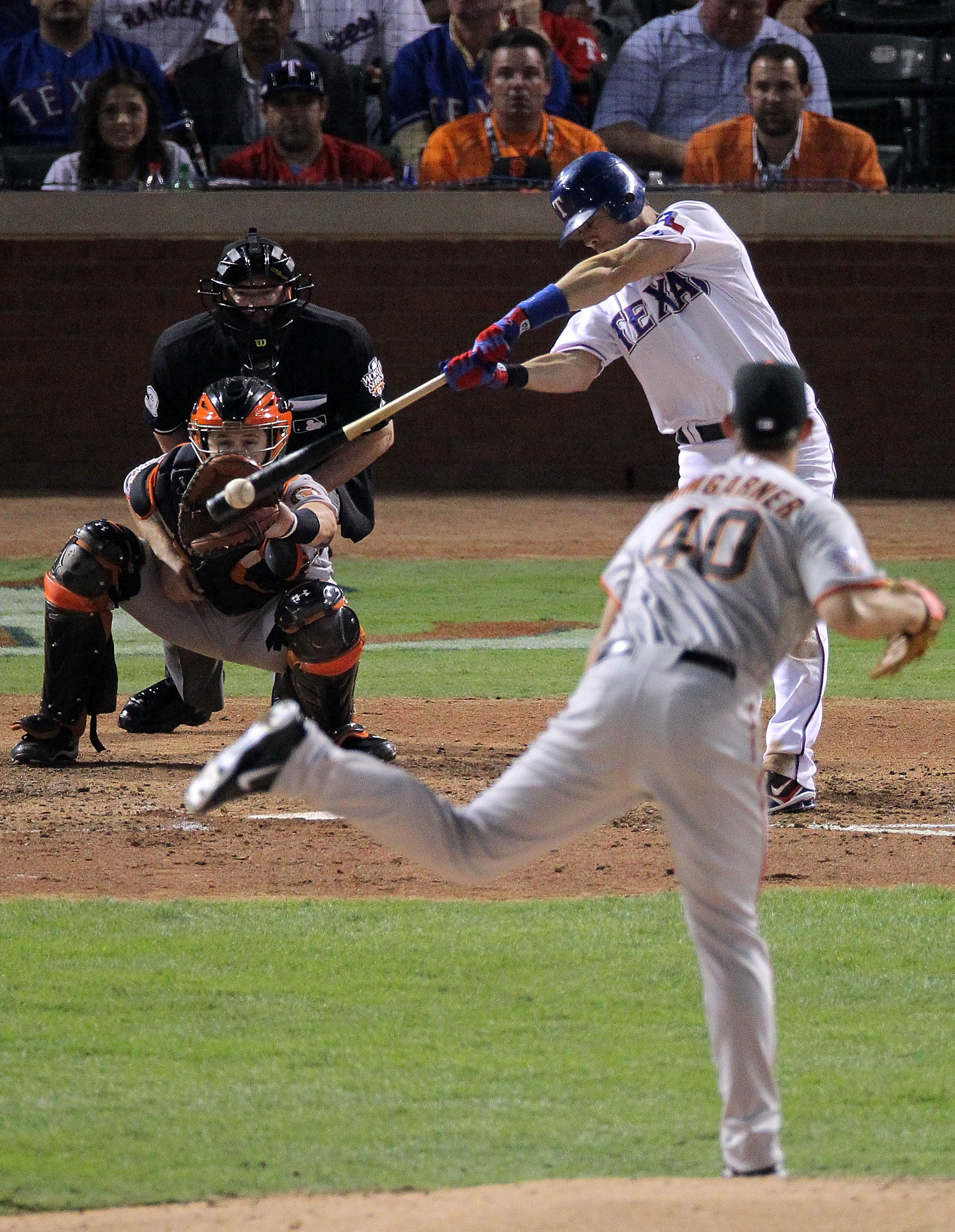 ARLINGTON, TX - OCTOBER 31:  Michael Young #10 of the Texas Rangers hits a single against the San Francisco Giants in the fourth inning in Game Four of the 2010 MLB World Series at Rangers Ballpark in Arlington on October 31, 2010 in Arlington, Texas.  (P