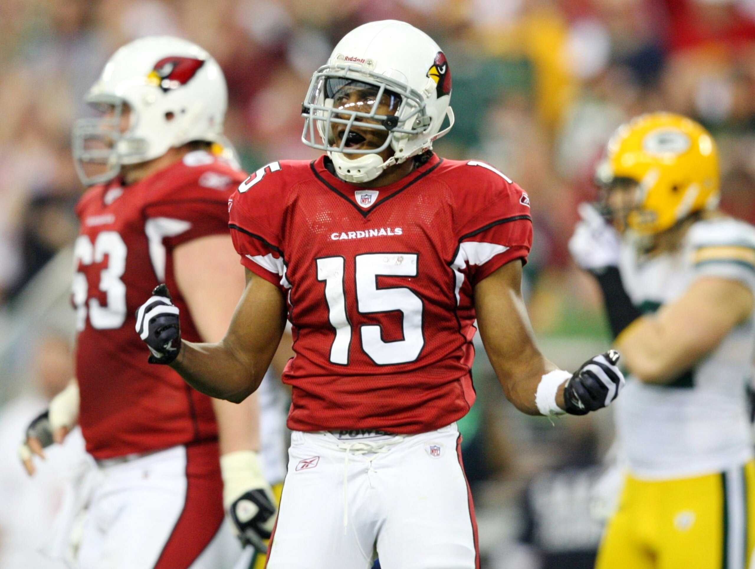 GLENDALE, AZ - JANUARY 10:  Steve Breaston #15 of the Arizona Cardinals celebrates a reception during the second quarter of the 2010 NFC wild-card playoff game against the Green Bay Packers at University of Phoenix Stadium on January 10, 2010 in Glendale,