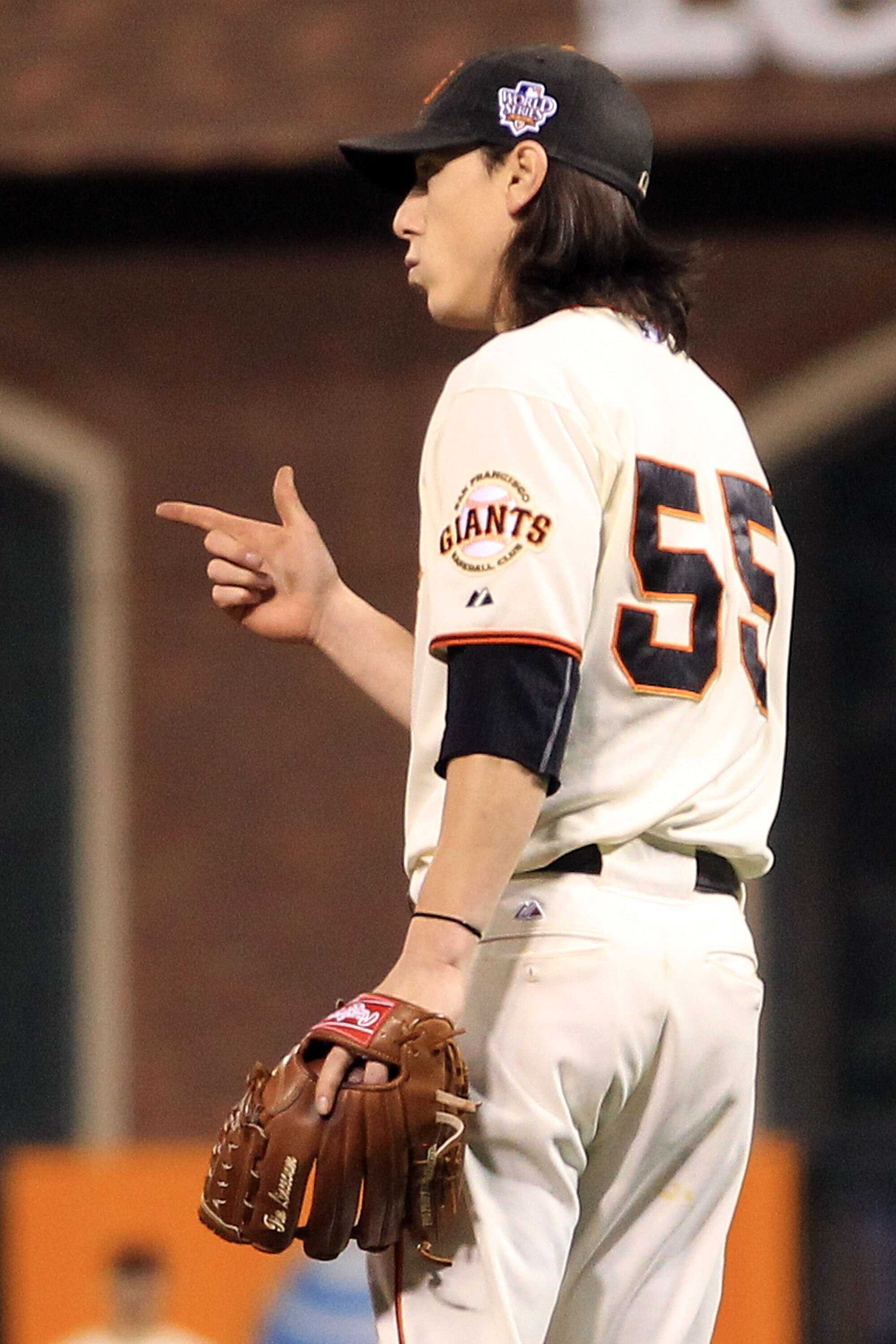SAN FRANCISCO - OCTOBER 27:  Tim Lincecum #55 of the San Francisco Giants gestures against the Texas Rangers in Game One of the 2010 MLB World Series at AT&T Park on October 27, 2010 in San Francisco, California.  (Photo by Ezra Shaw/Getty Images)