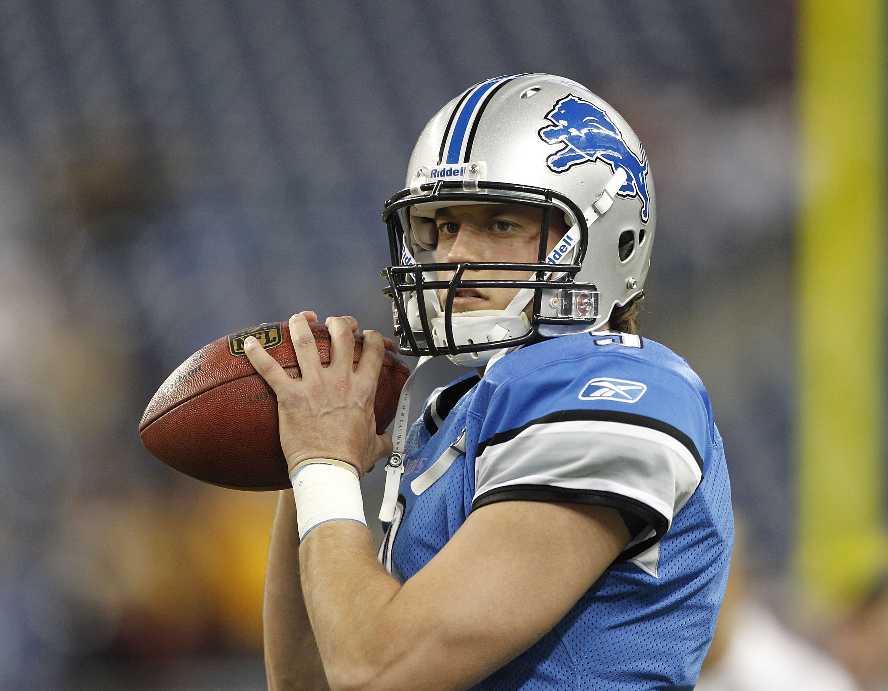 DETROIT - OCTOBER 31: Matthew Stafford #9 of the Detroit Lions warms up prior to the start of the game against the Washington Redskins at Ford Field on October 31, 2010 in Detroit, Michigan. (Photo by Leon Halip/Getty Images)