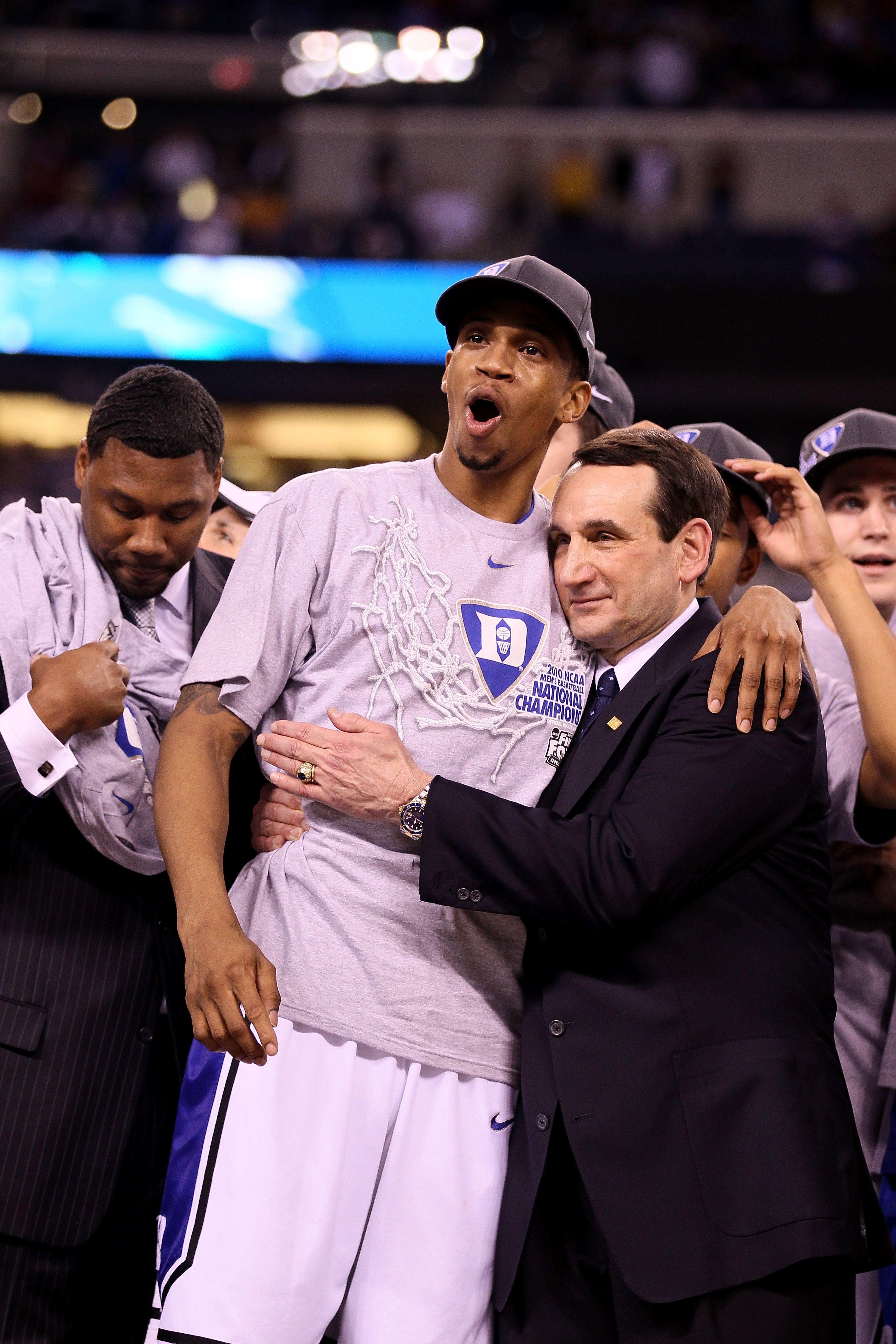 INDIANAPOLIS - APRIL 05:  Head coach Mike Krzyzewski and Lance Thomas of the Duke Blue Devils celebrate after they won 61-59 against the Butler Bulldogs during the 2010 NCAA Division I Men's Basketball National Championship game at Lucas Oil Stadium on Ap