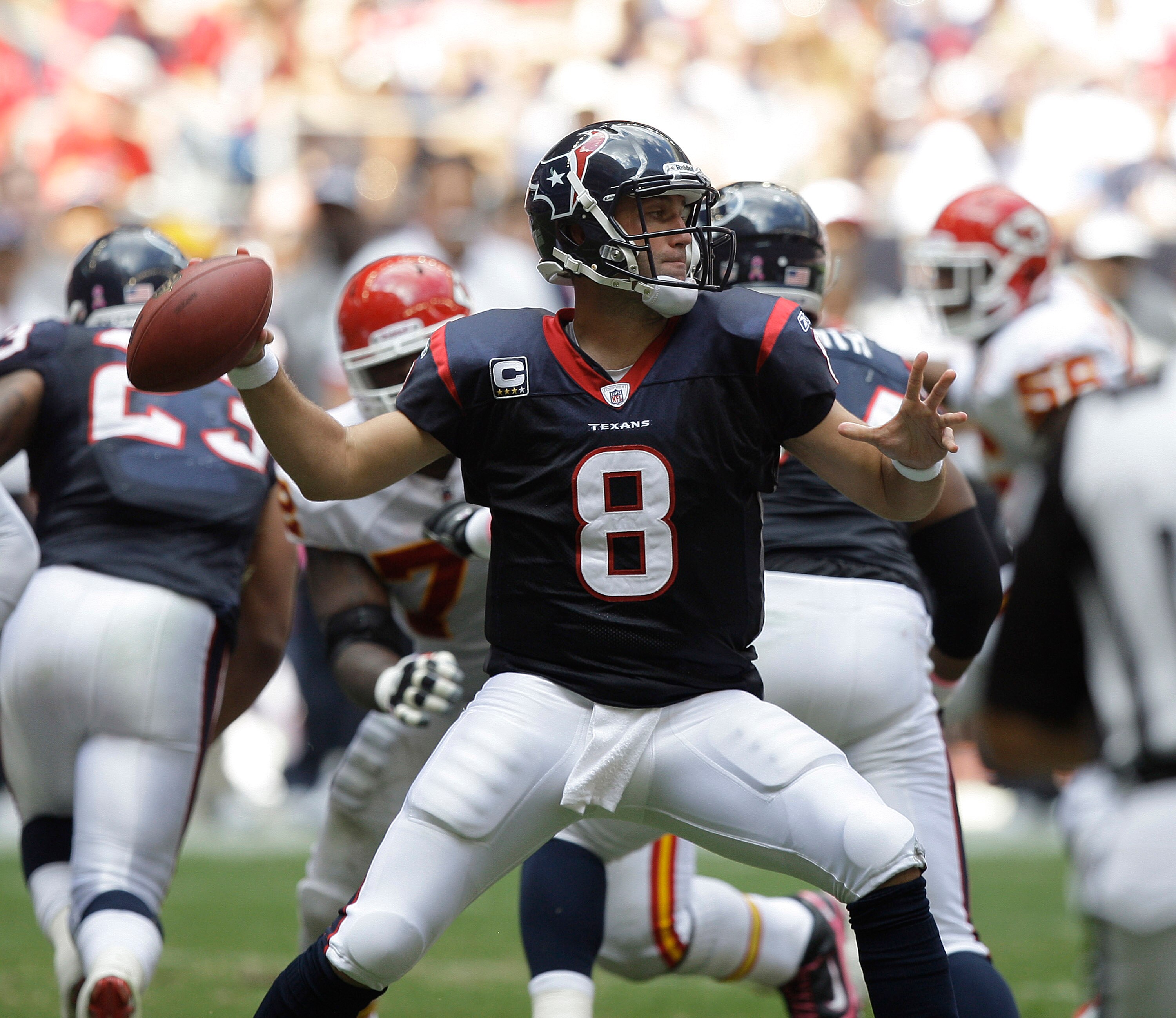 HOUSTON - OCTOBER 17:  Quarterback Matt Schaub #8 of the Houton Texans scrambles out of the pocket as he looks for a receiver agasint the Kasnas City Chiefs at Reliant Stadium on October 17, 2010 in Houston, Texas.  (Photo by Bob Levey/Getty Images)