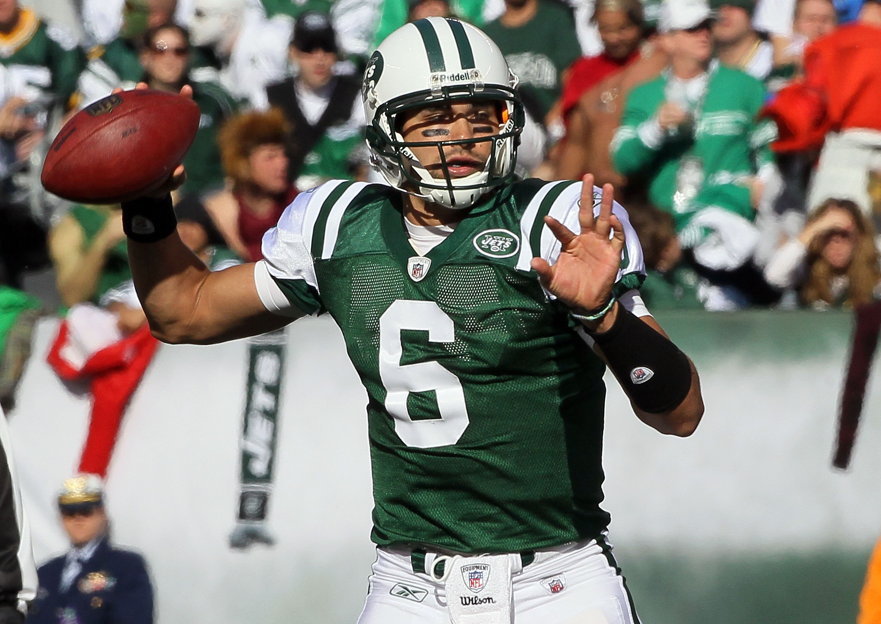 EAST RUTHERFORD, NJ - OCTOBER 31:  Mark Sanchez #6 of the New York Jets throws a pass against the Green Bay Packers on October 31, 2010 at the New Meadowlands Stadium in East Rutherford, New Jersey. The Packers defeated the Jets 9-0.  (Photo by Jim McIsaa