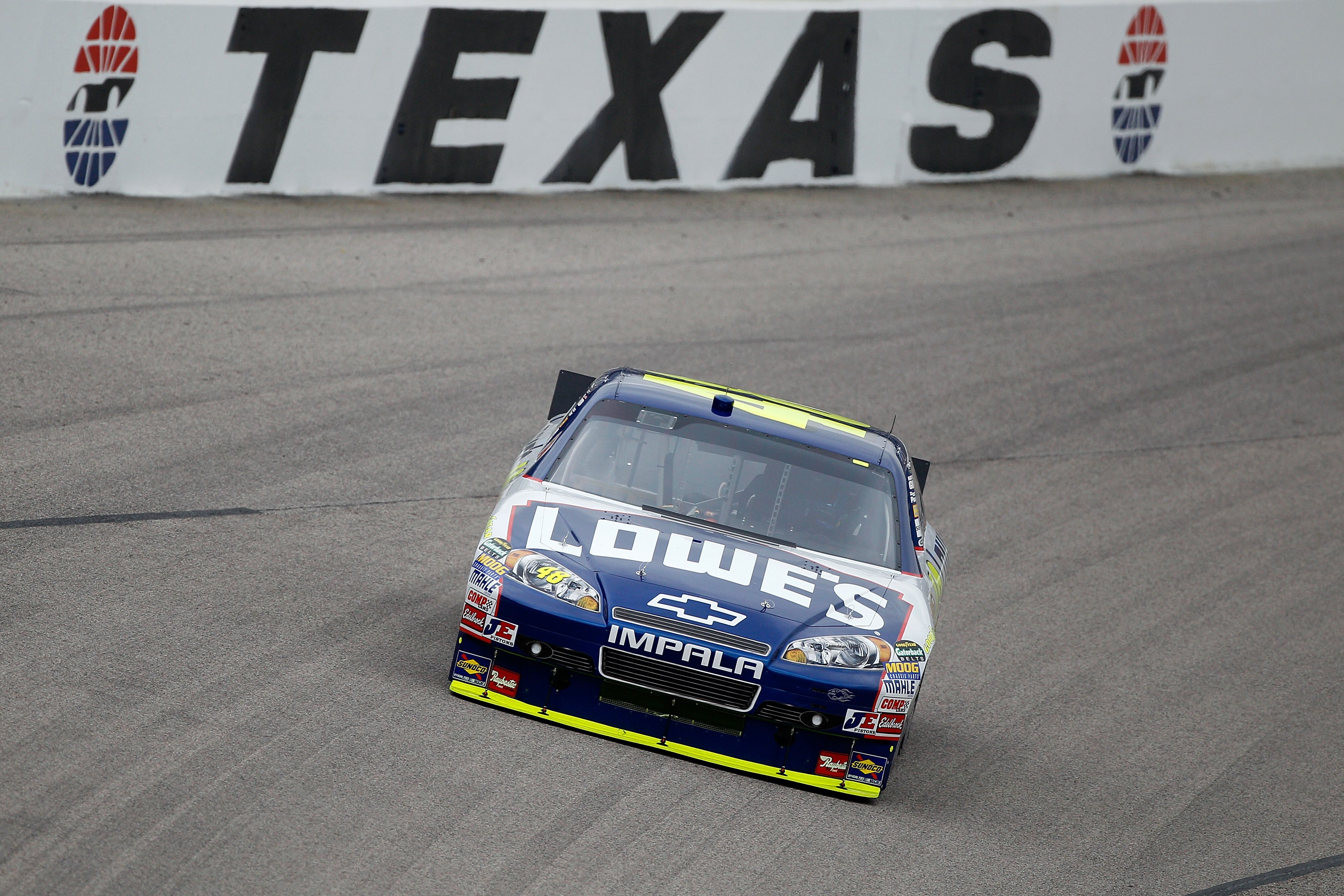 FORT WORTH, TX - APRIL 16:  Jimmie Johnson, driver of the #48 Lowe's Chevrolet, drives on track during practice for the NASCAR Sprint Cup Series Samsung Mobile 500 at Texas Motor Speedway on April 16, 2010 in Fort Worth, Texas.  (Photo by Chris Graythen/G