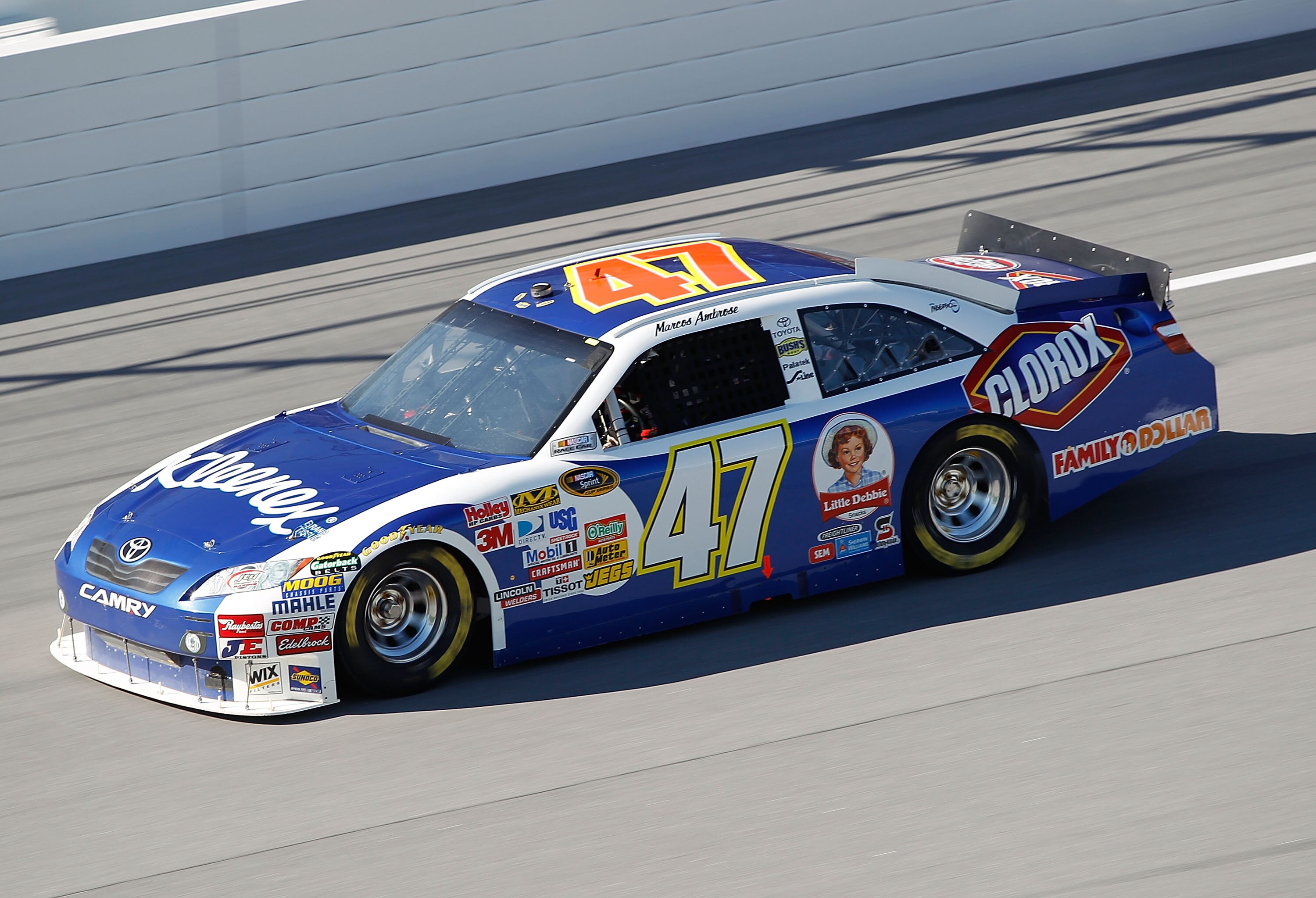 TALLADEGA, AL - OCTOBER 29: Marcos Ambrose drives the #47 Kleenex/Clorox Toyota during practice for the NASCAR Sprint Cup Series AMP Energy Juice 500 at Talladega Superspeedway on October 29, 2010 in Talladega, Alabama.  (Photo by Todd Warshaw/Getty Image