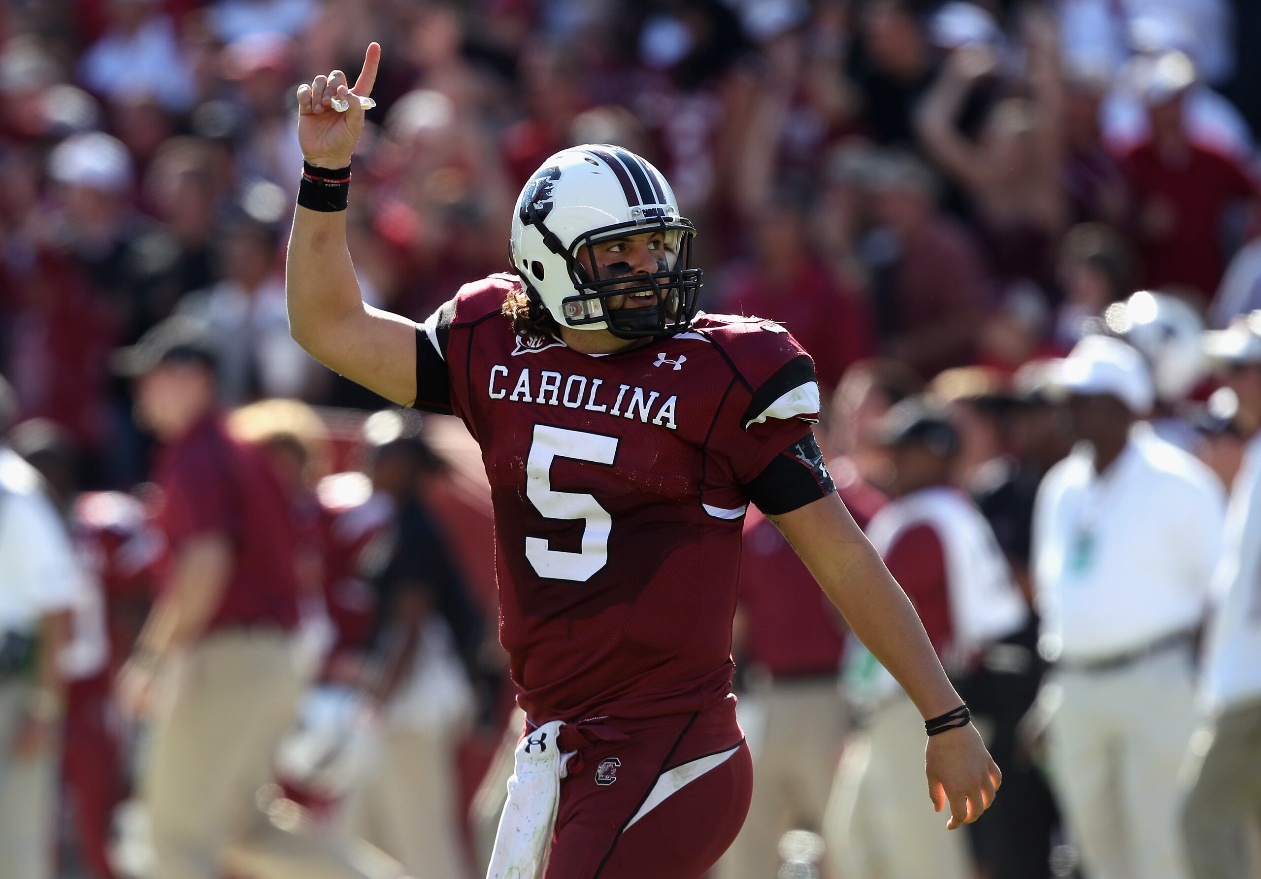 COLUMBIA, SC - OCTOBER 30:  Stephen Garcia #5 of the South Carolina Gamecocks celebrates after throwing a touchdown pass against the Tennessee Volunteers during their game at Williams-Brice Stadium on October 30, 2010 in Columbia, South Carolina.  (Photo 